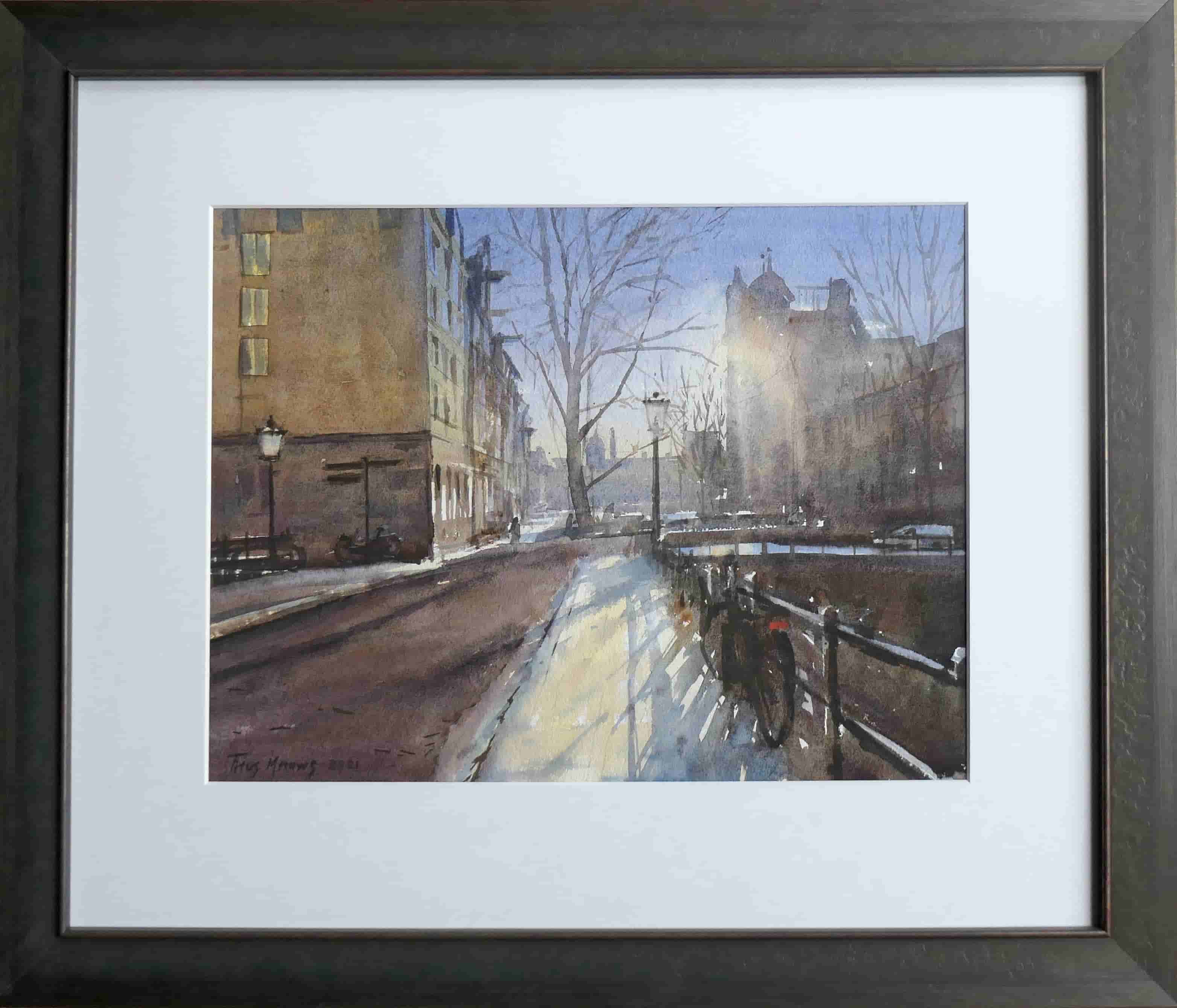 Titus Meeuws - Leliegracht Amsterdam in tegenlicht (met lijst)