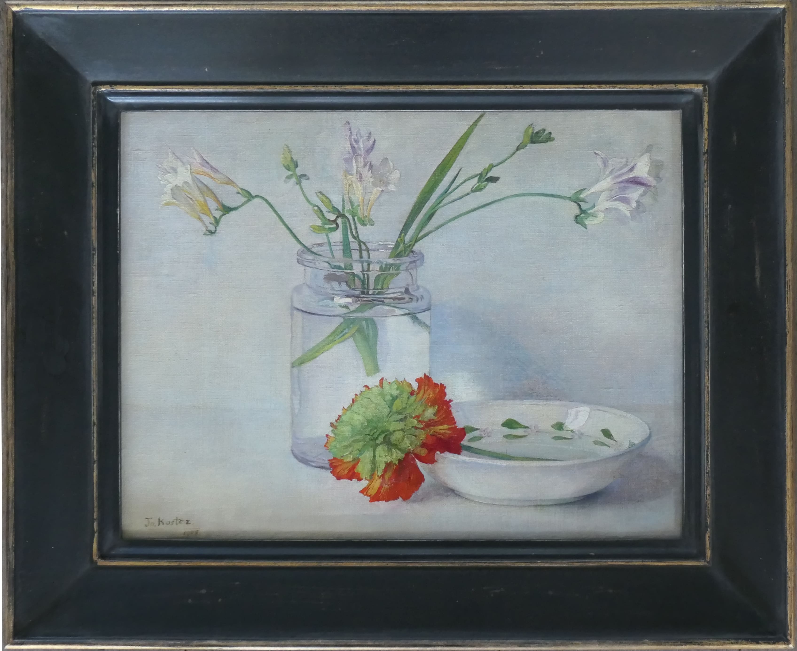 Stilleven met witte fresia's en anjer zonder lijst