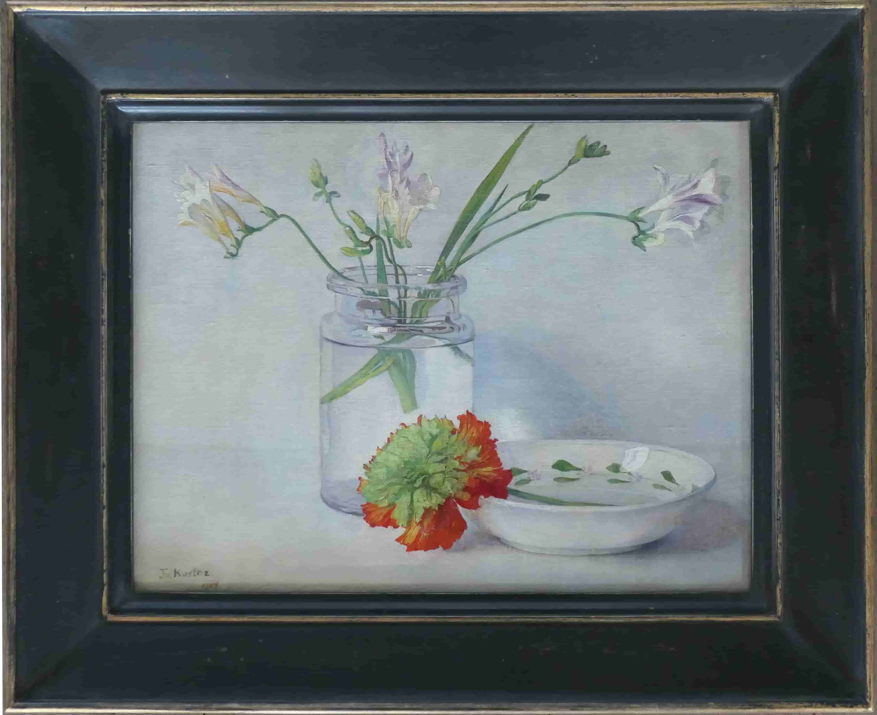 Jo Koster - Stilleven met witte fresia's en anjer (met lijst)