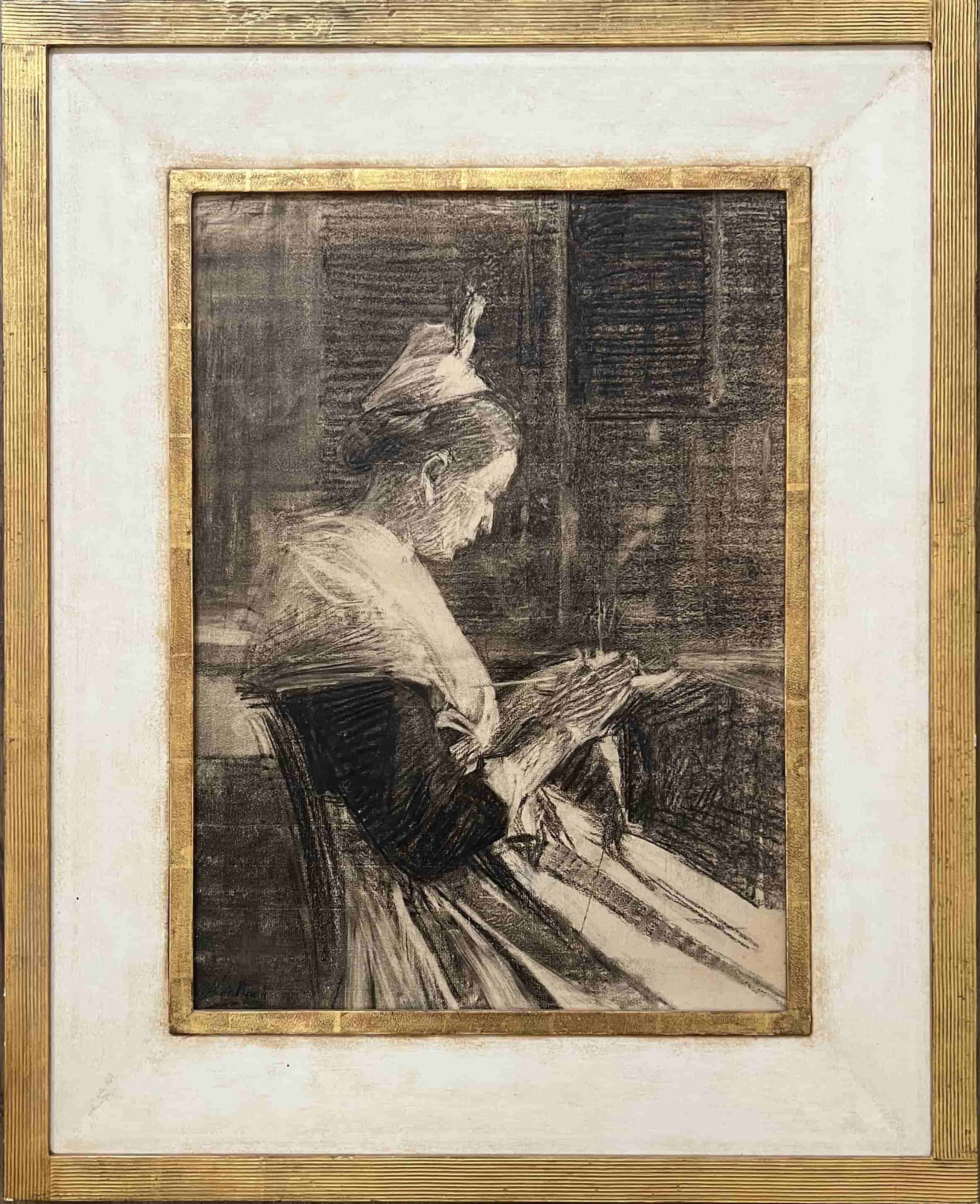 Nicolaas van der Waay - Breiend weesmeisje (met lijst)