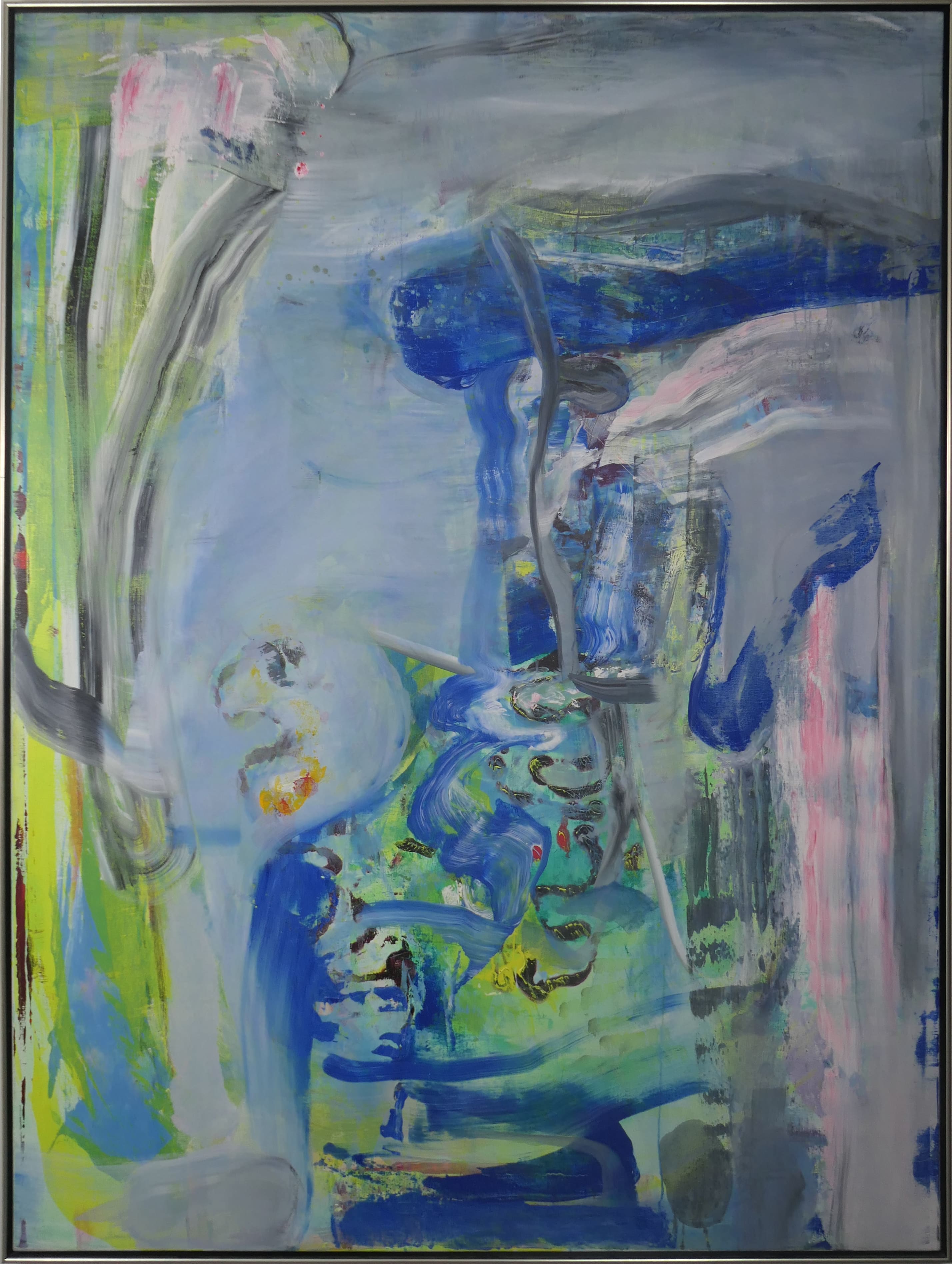 Abstracte compositie in geel en blauw zonder lijst