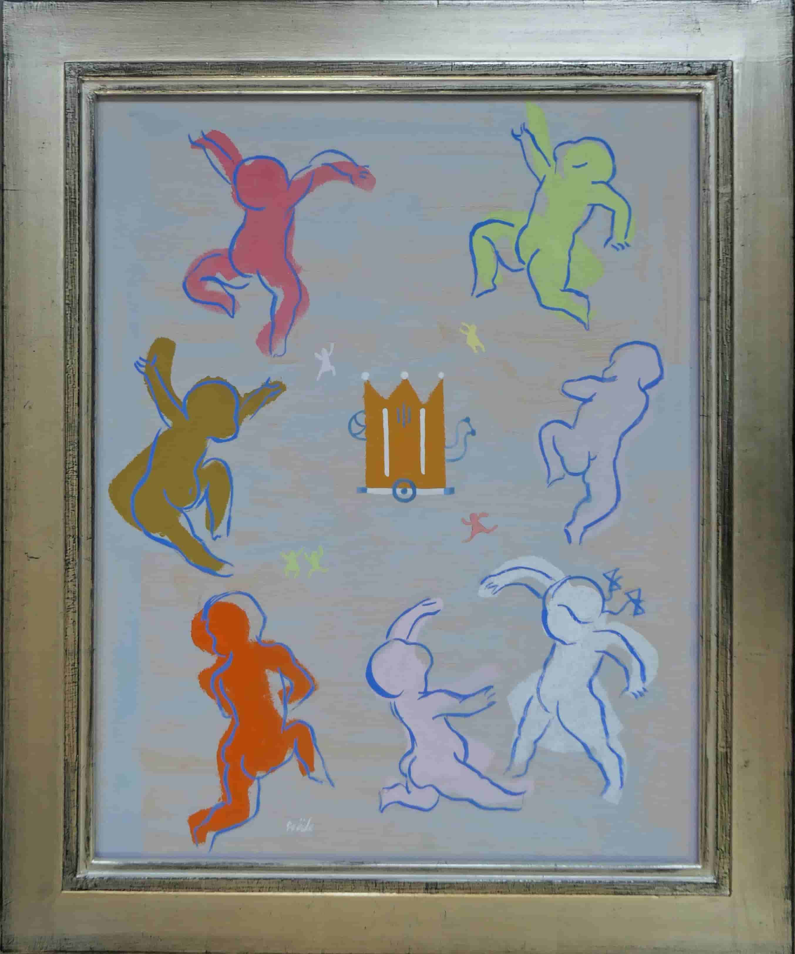 Jan Roëde - Dansende kinderen bij een draaimolen (met lijst)