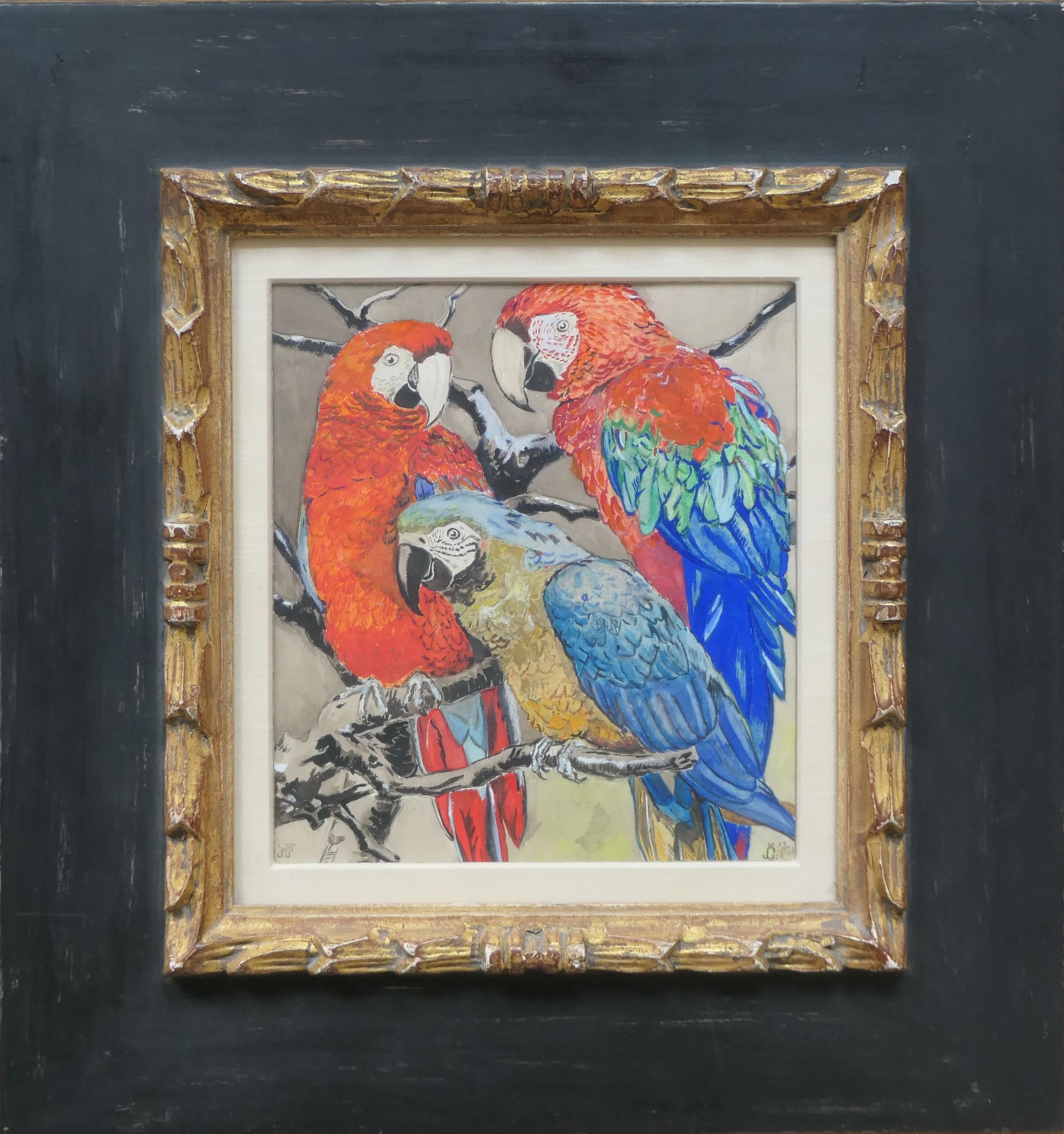 3 Papegaaien op takken zonder lijst