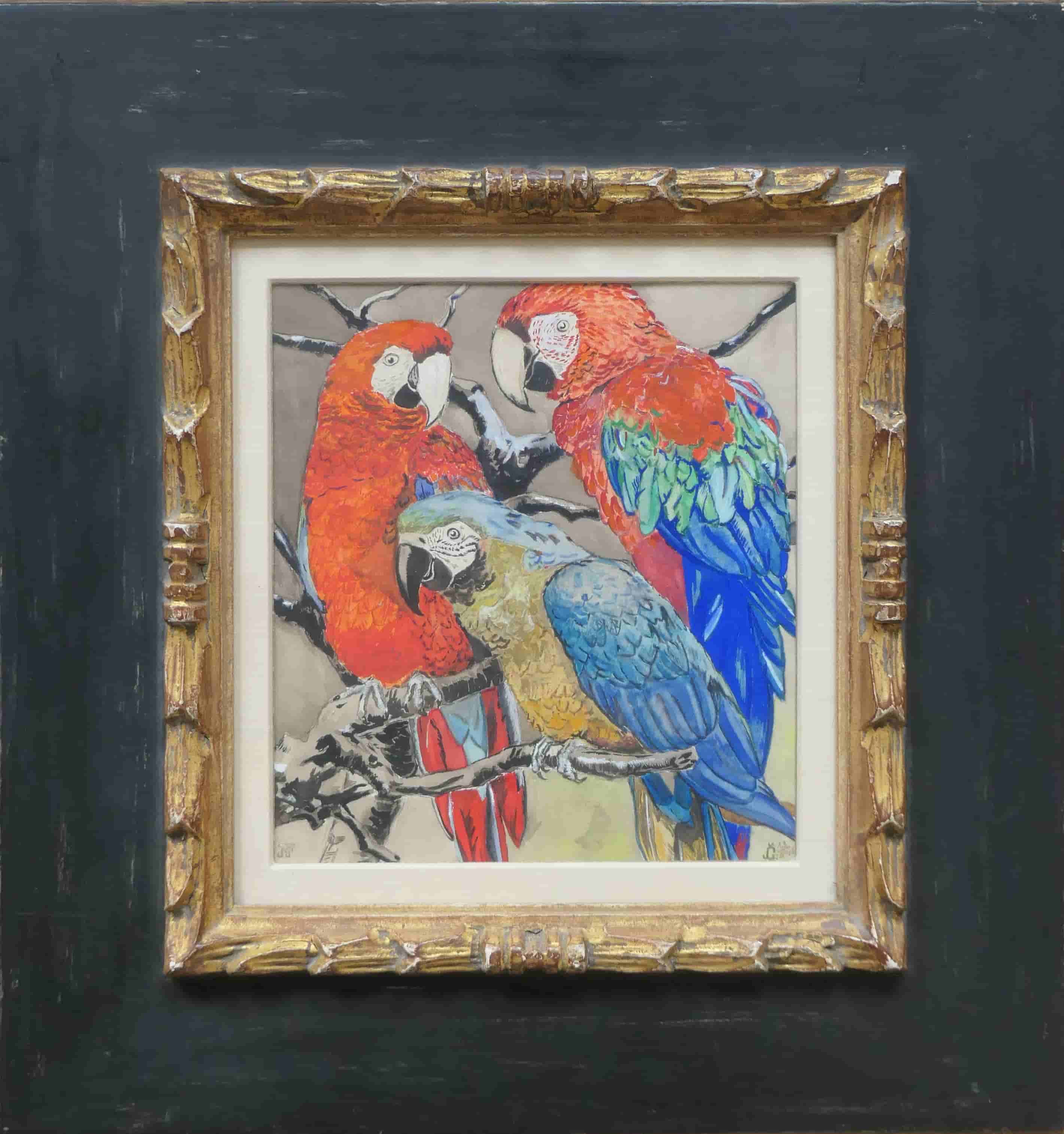 Jan Voerman jr - 3 Papegaaien op takken (met lijst)