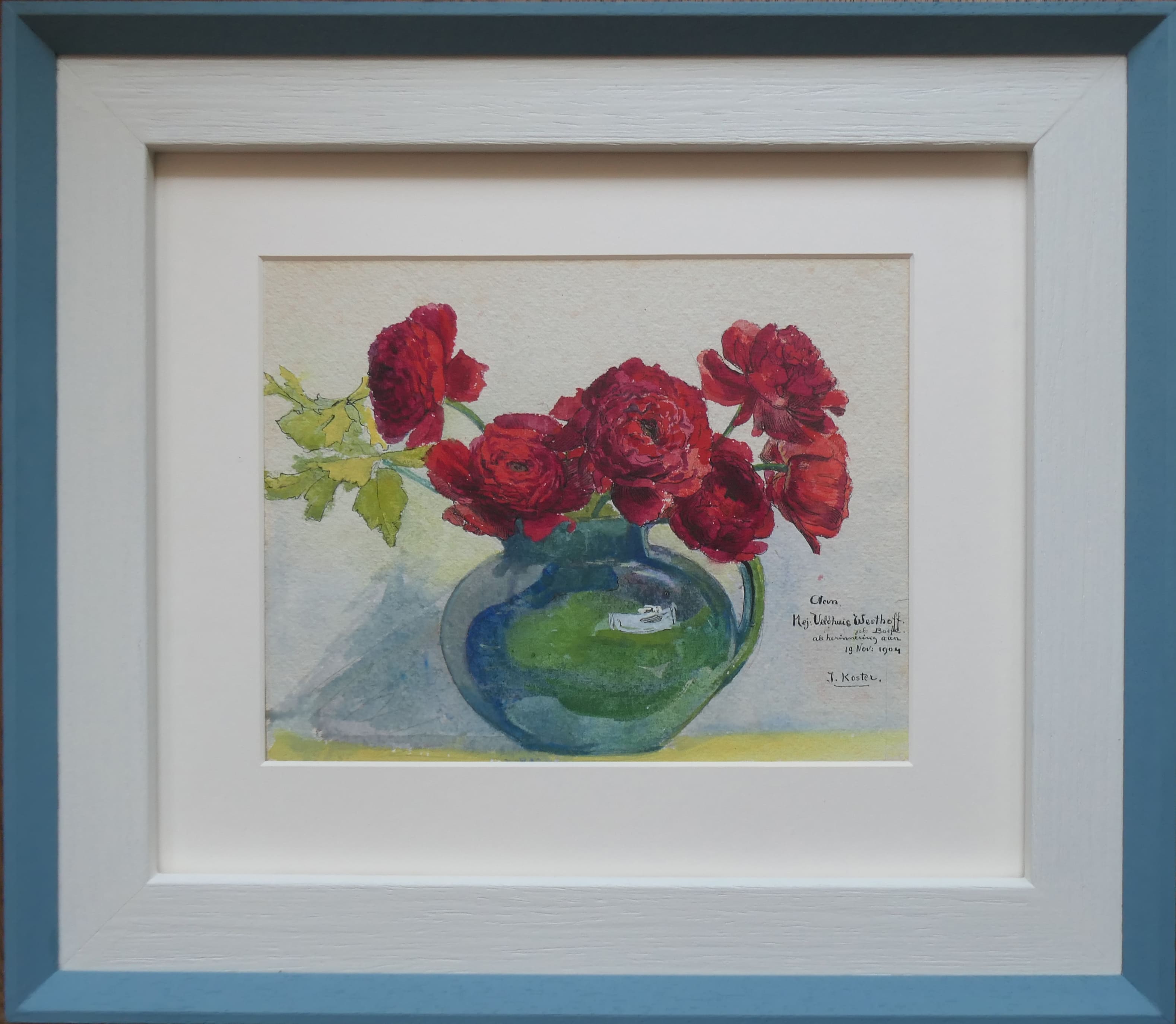 Bloemstilleven met rode rozen zonder lijst