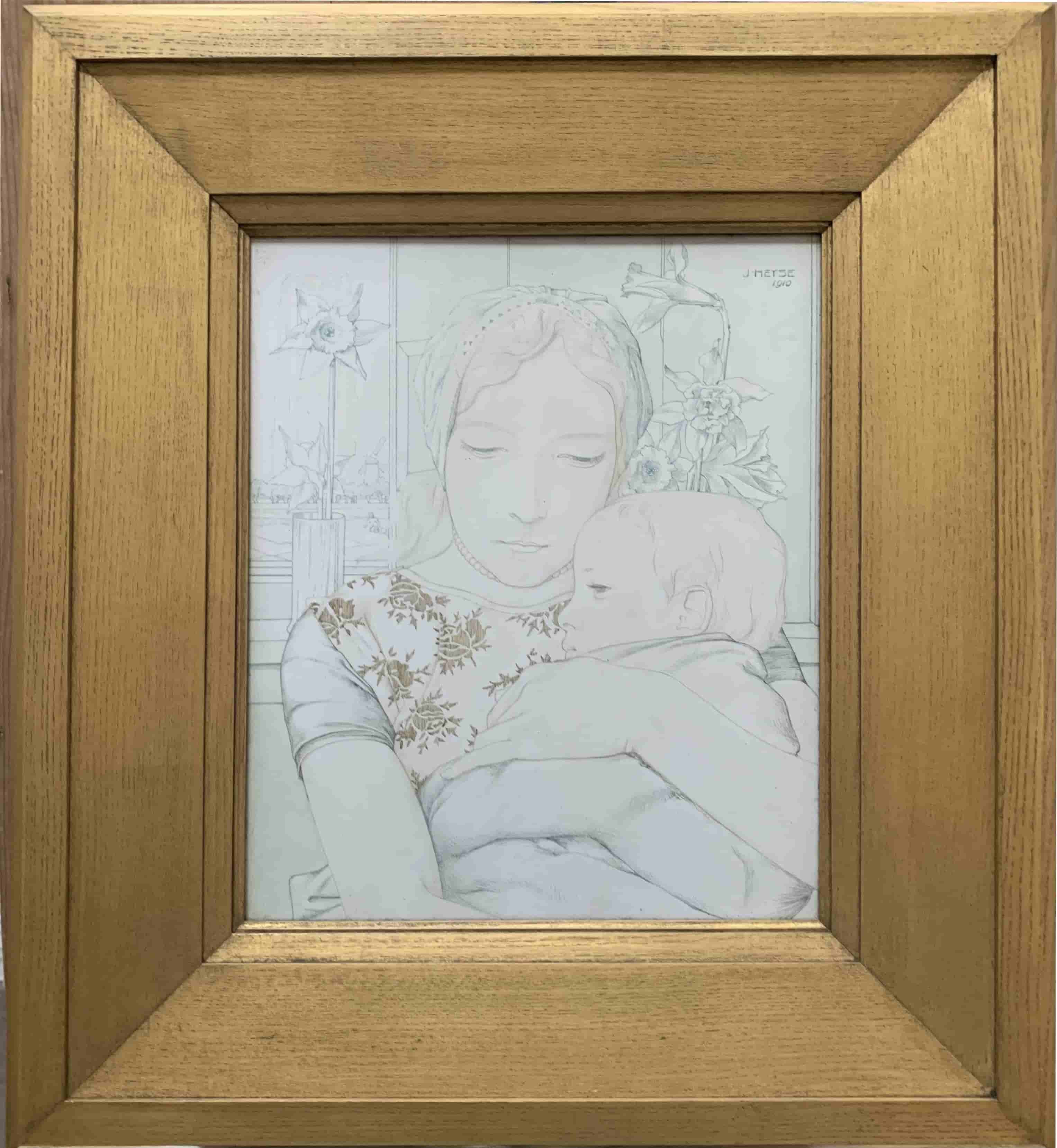 Jan Heyse - Zeeuwse Madonna met kind, met St Lievensmonstertoren van Zierikzee (met lijst)