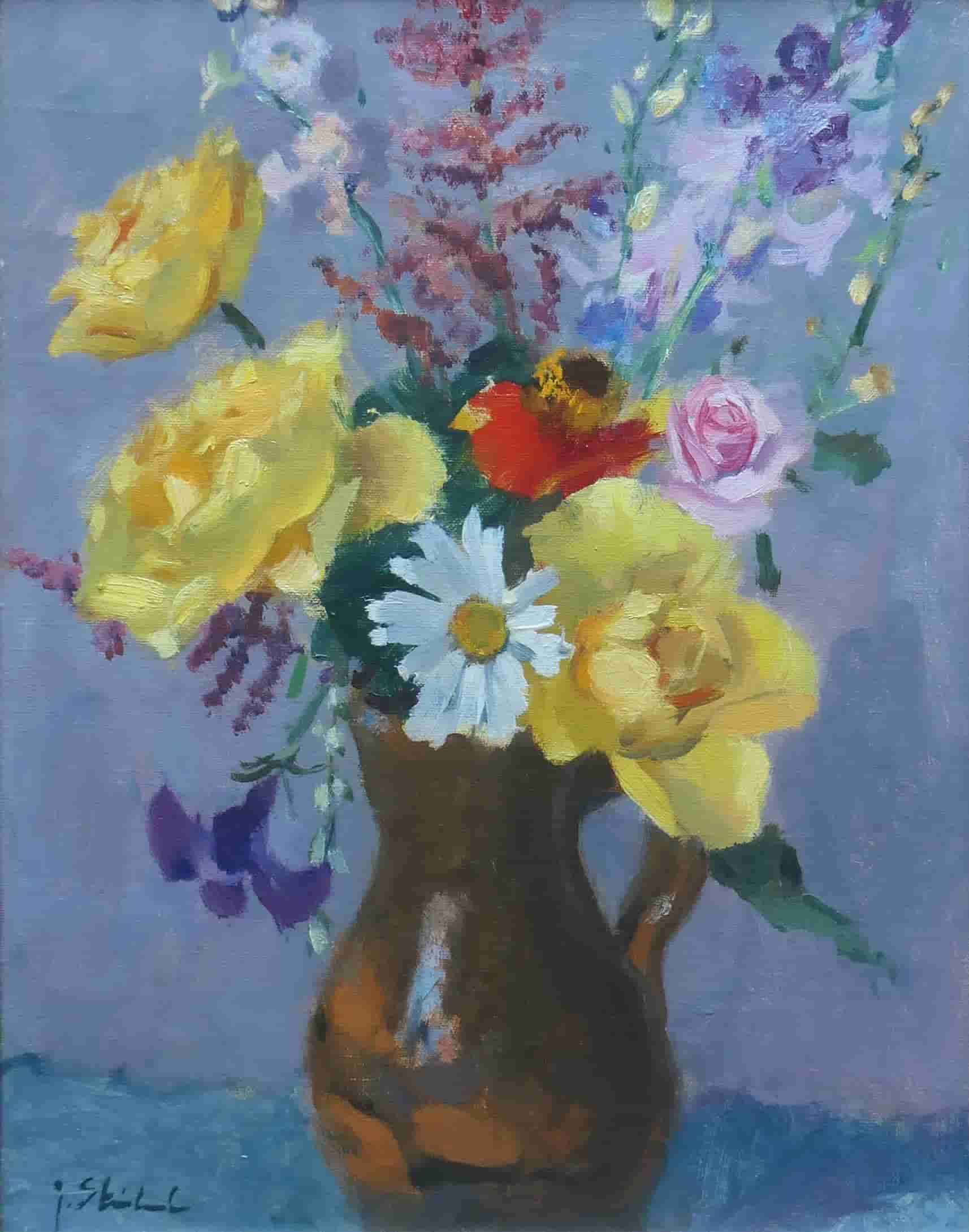 Joop Stierhout - Bloemstilleven met rozen en een madeliefje (zonder lijst)