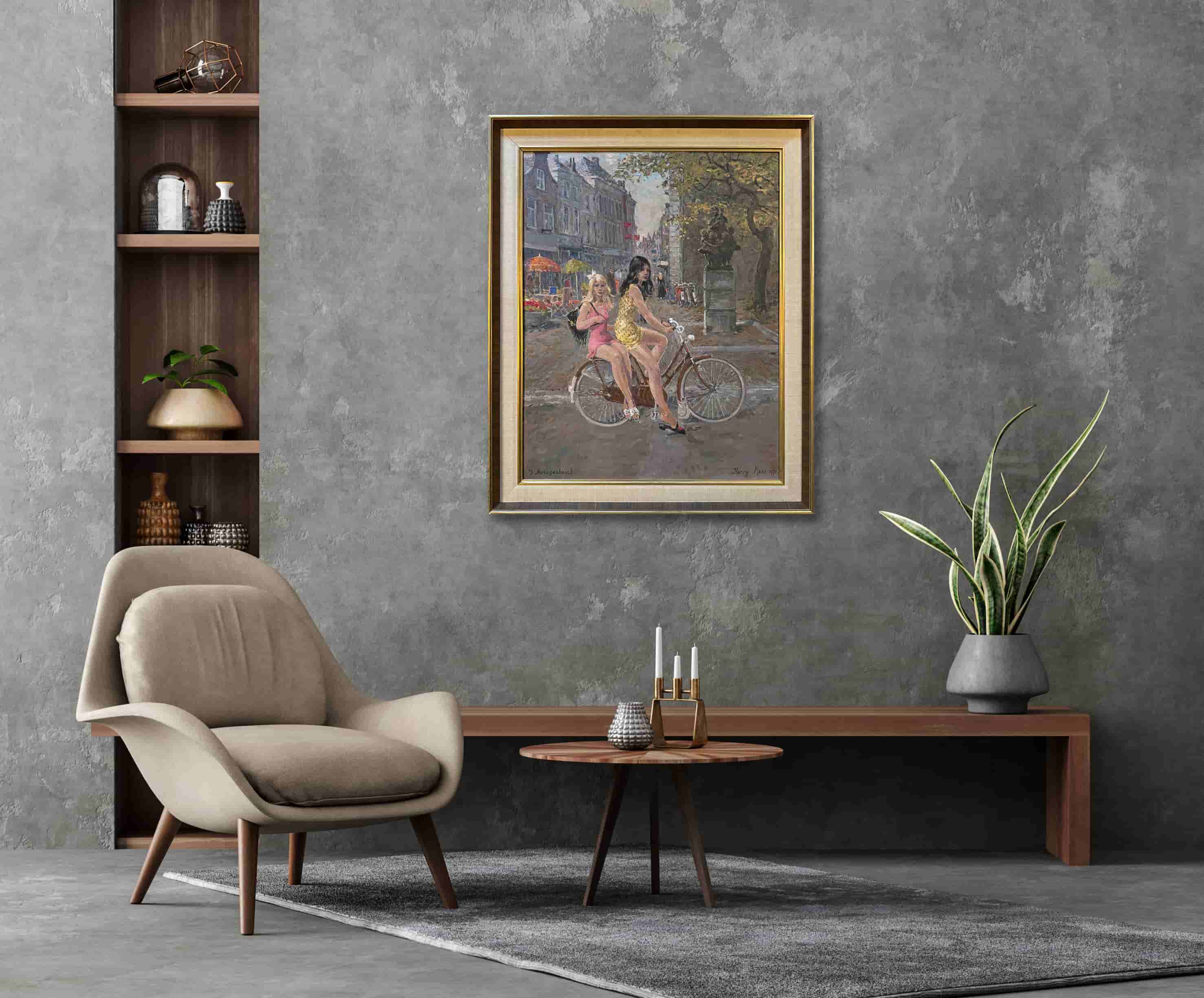 Harry Maas - Twee meisjes op de fiets (kerkpleintje Den Bosch) (in interieur)