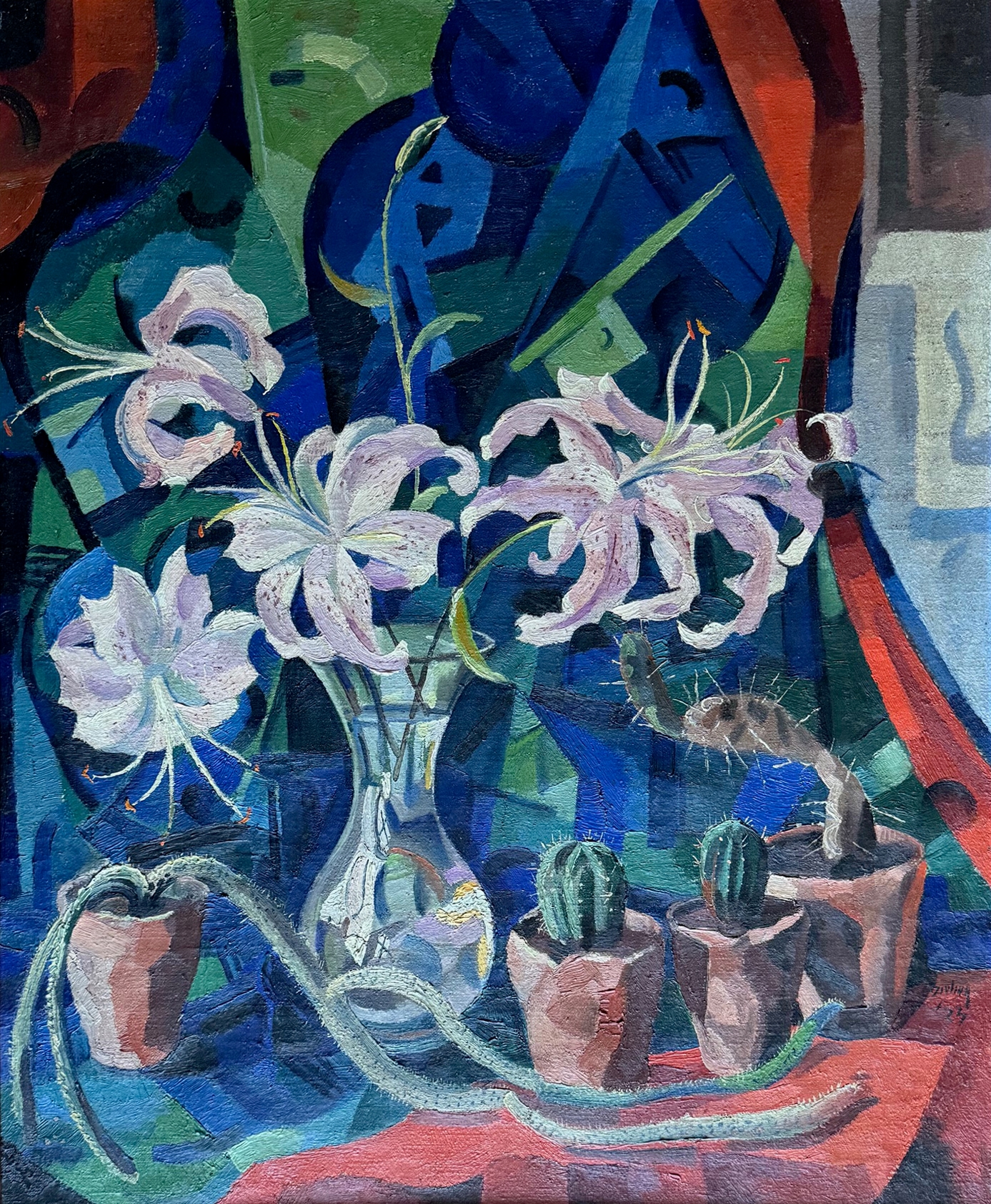 Bloemstilleven met lelies en cactussen zonder lijst