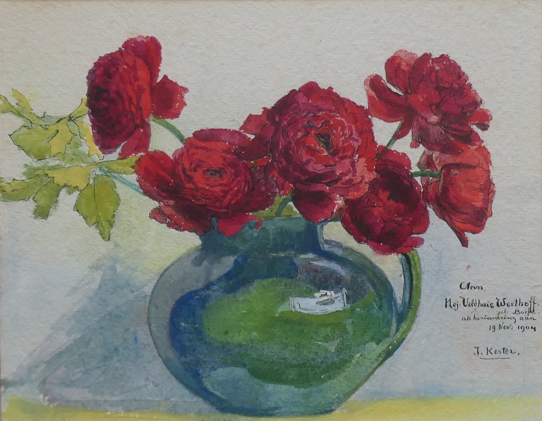 Bloemstilleven met rode rozen zonder lijst