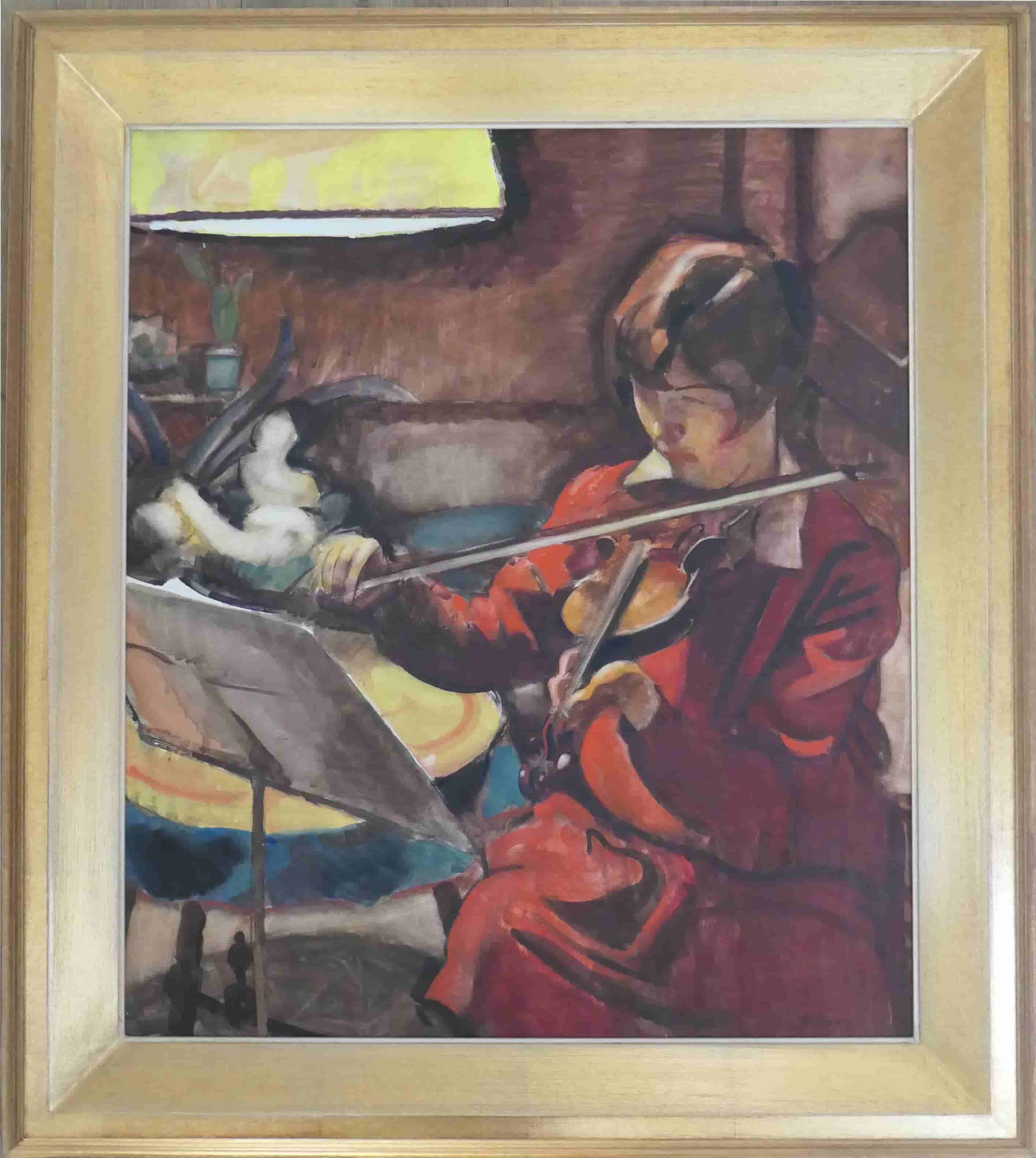 Pol Dom - Teder portret van een vioolspelend meisje (met lijst)