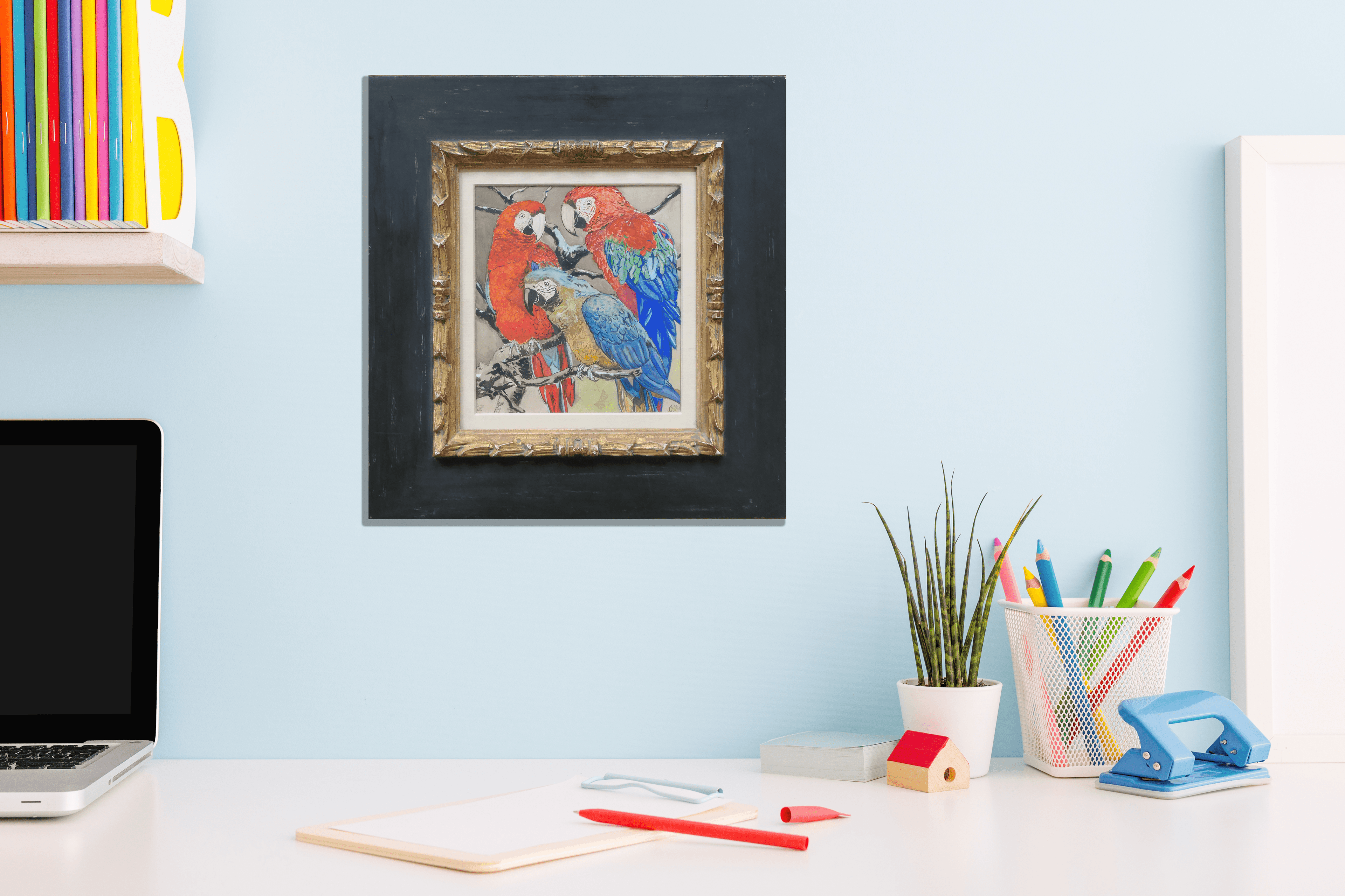 3 Papegaaien op takken zonder lijst