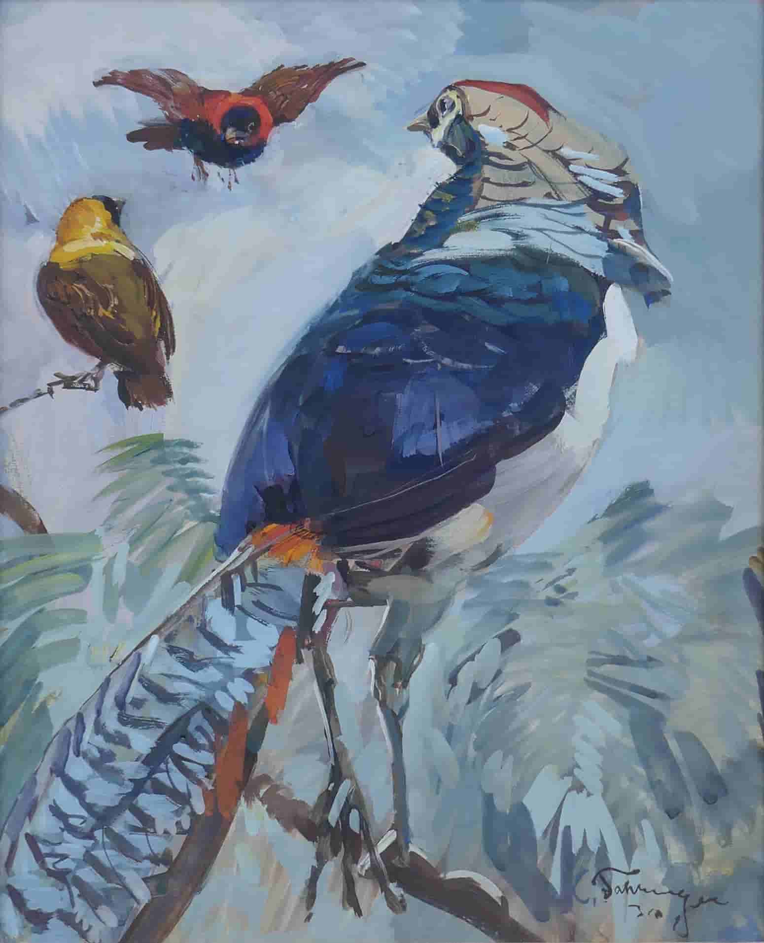 Carl Fahringer - Goudfazant en papegaai (zonder lijst)