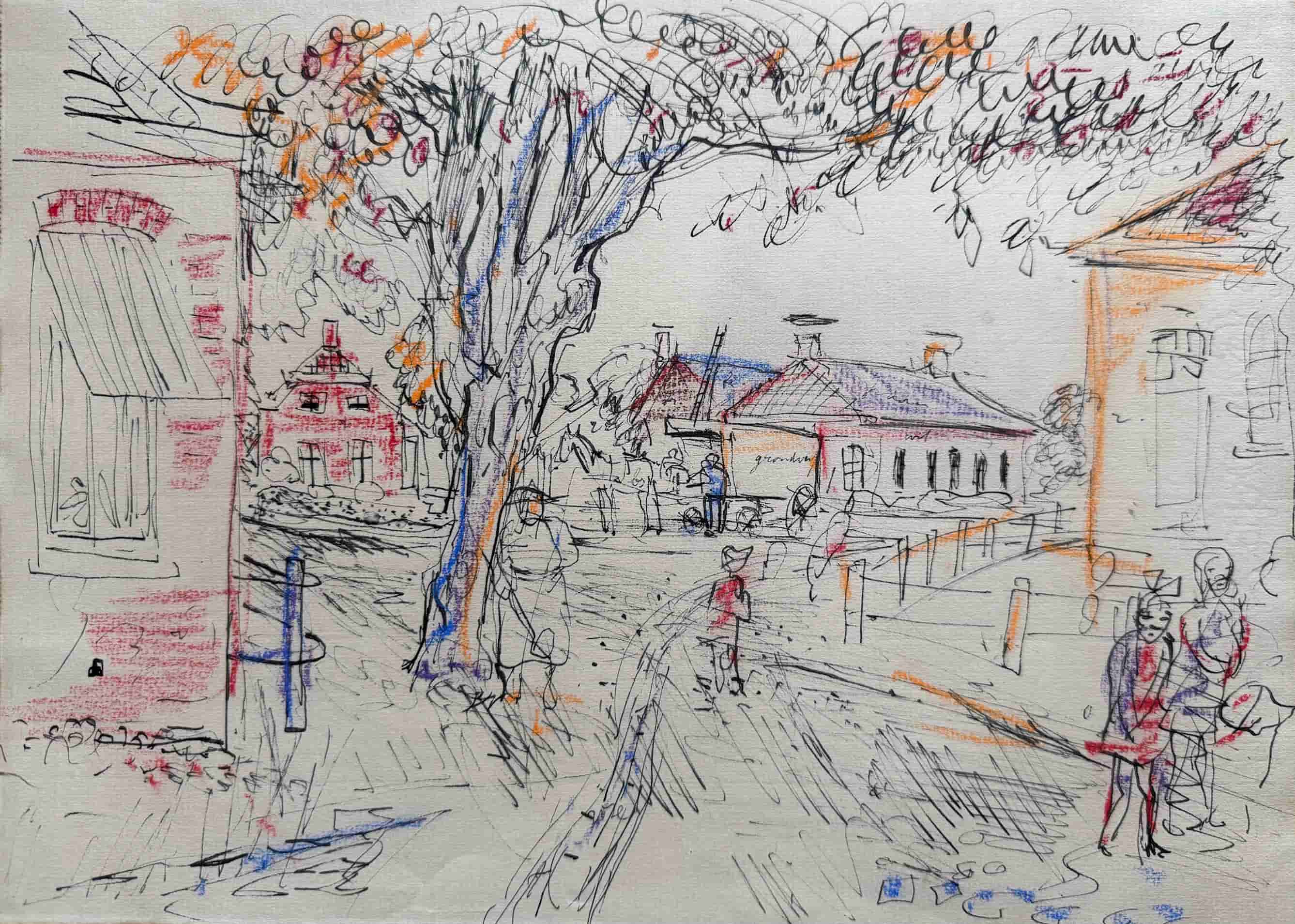 Johan Dijkstra - Levendig dorpsgezicht (zonder lijst)