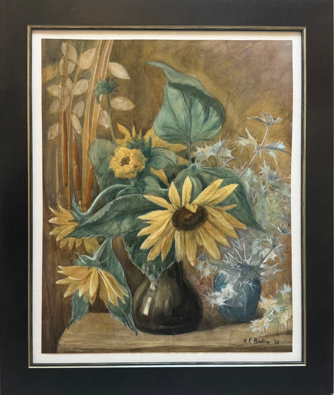 Zonnebloemen en distels in vintage vaas, 1928 zonder lijst