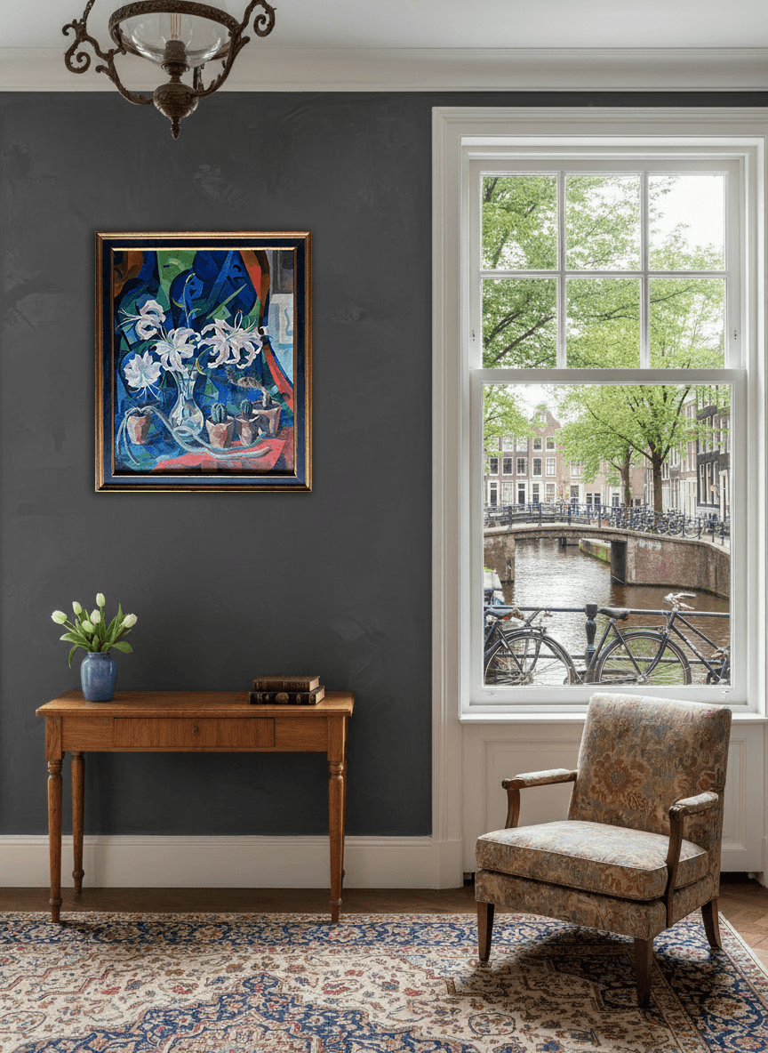 Herman Bieling - Bloemstilleven met lelies en cactussen (in interieur)