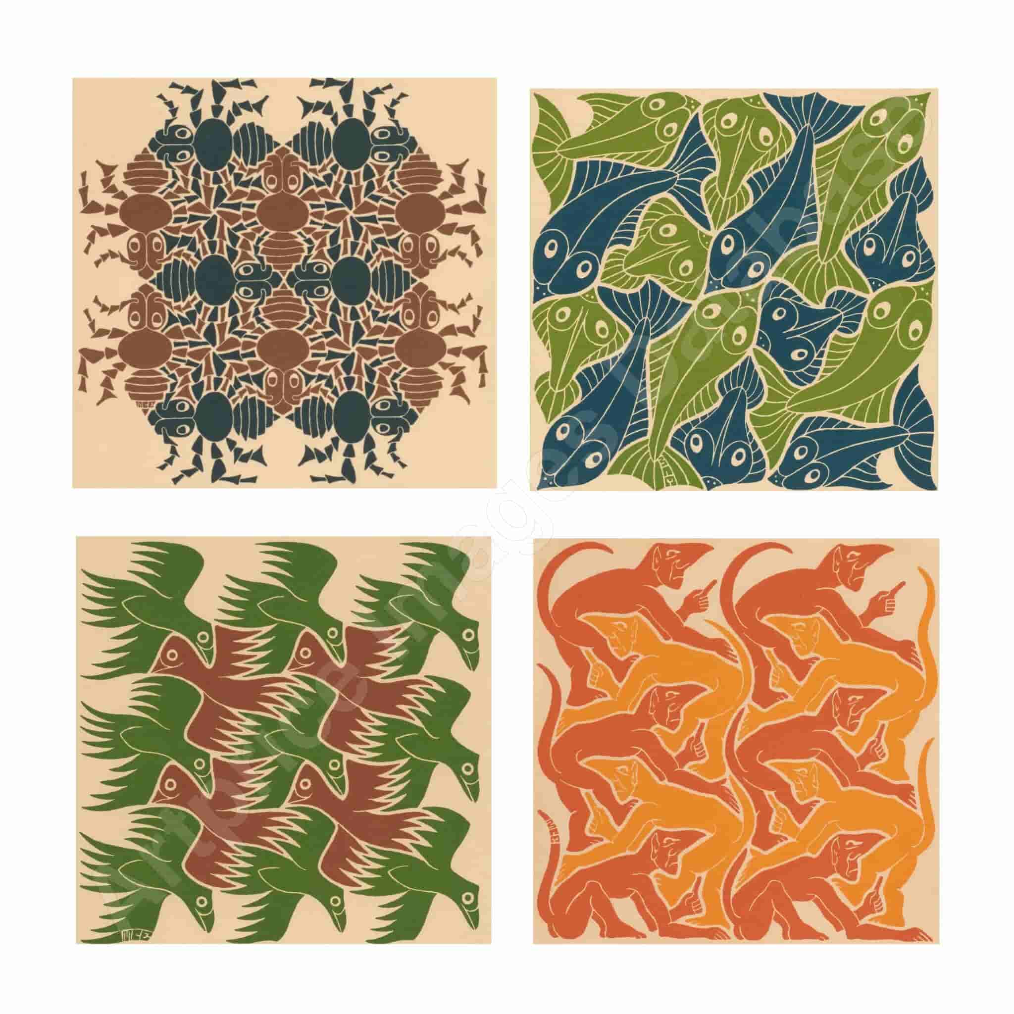 Maurits Escher - Nieuwjaarskaarten voor 1953-54-55-56 met de 4 elementen (i.o.v. Eugene en Willy Strens)