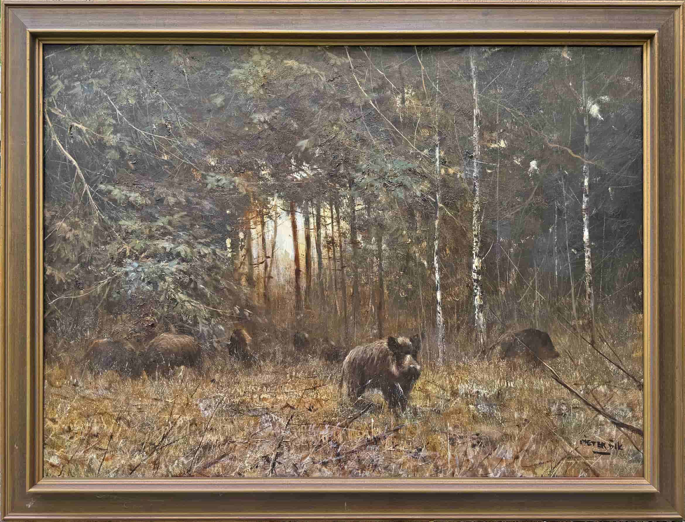 Pieter Daniël Dik - Wilde zwijnen in het bos (met lijst)