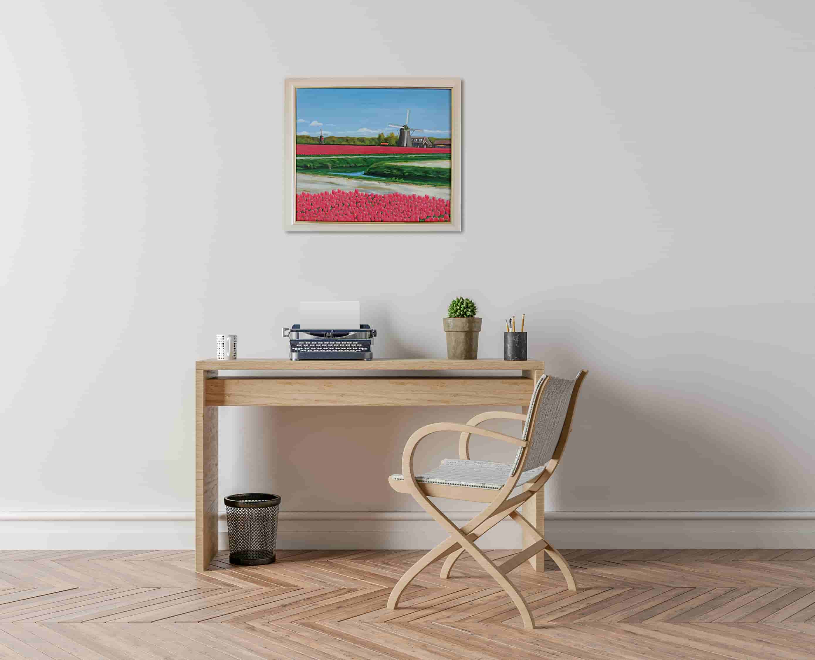 Wim Granneman - Bollenvelden met tulpen en poldermolens nabij de grens van Noordwijkerhout en Lisse (in interieur)