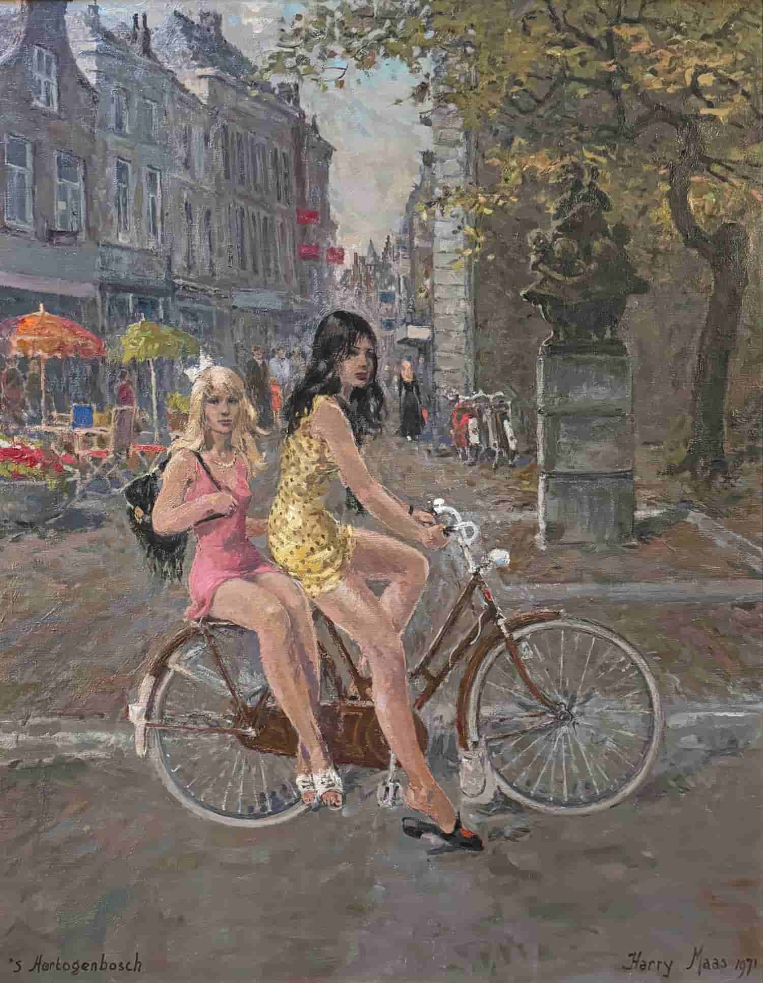 Harry Maas - Twee meisjes op de fiets (kerkpleintje Den Bosch) (zonder lijst)