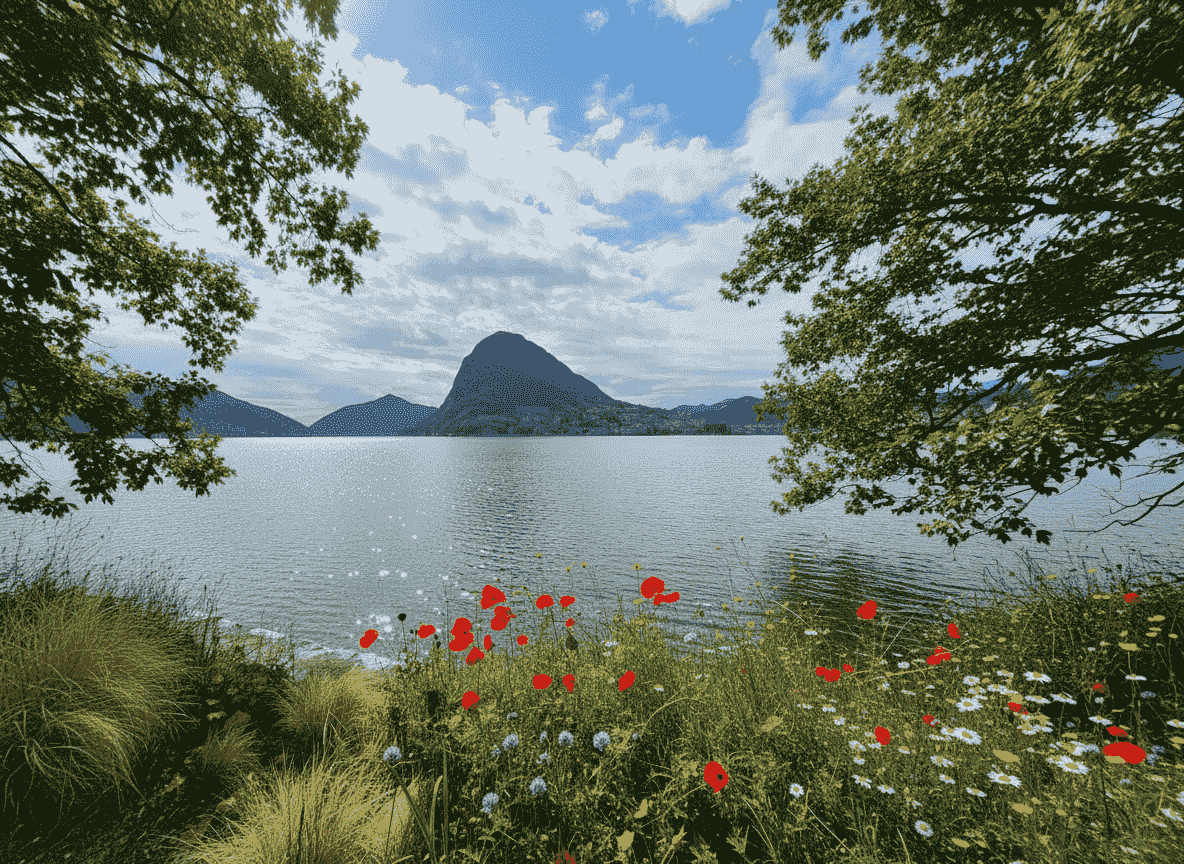 Jannes de Vries - Meer van Lugano - Kanton Tessin met meer en Monte Bré (in het echt)
