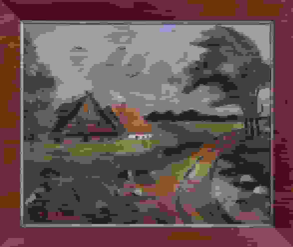 Ekke Kleima - Twee boerderijen in Noord-Nederlands landschap (met lijst)