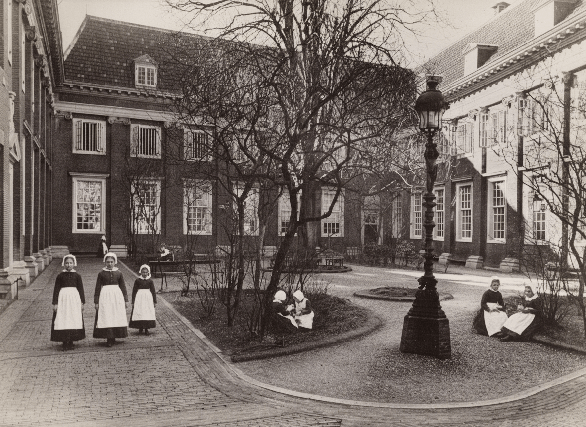Binnenterrein van het burgerweeshuis te Amsterdam zonder lijst