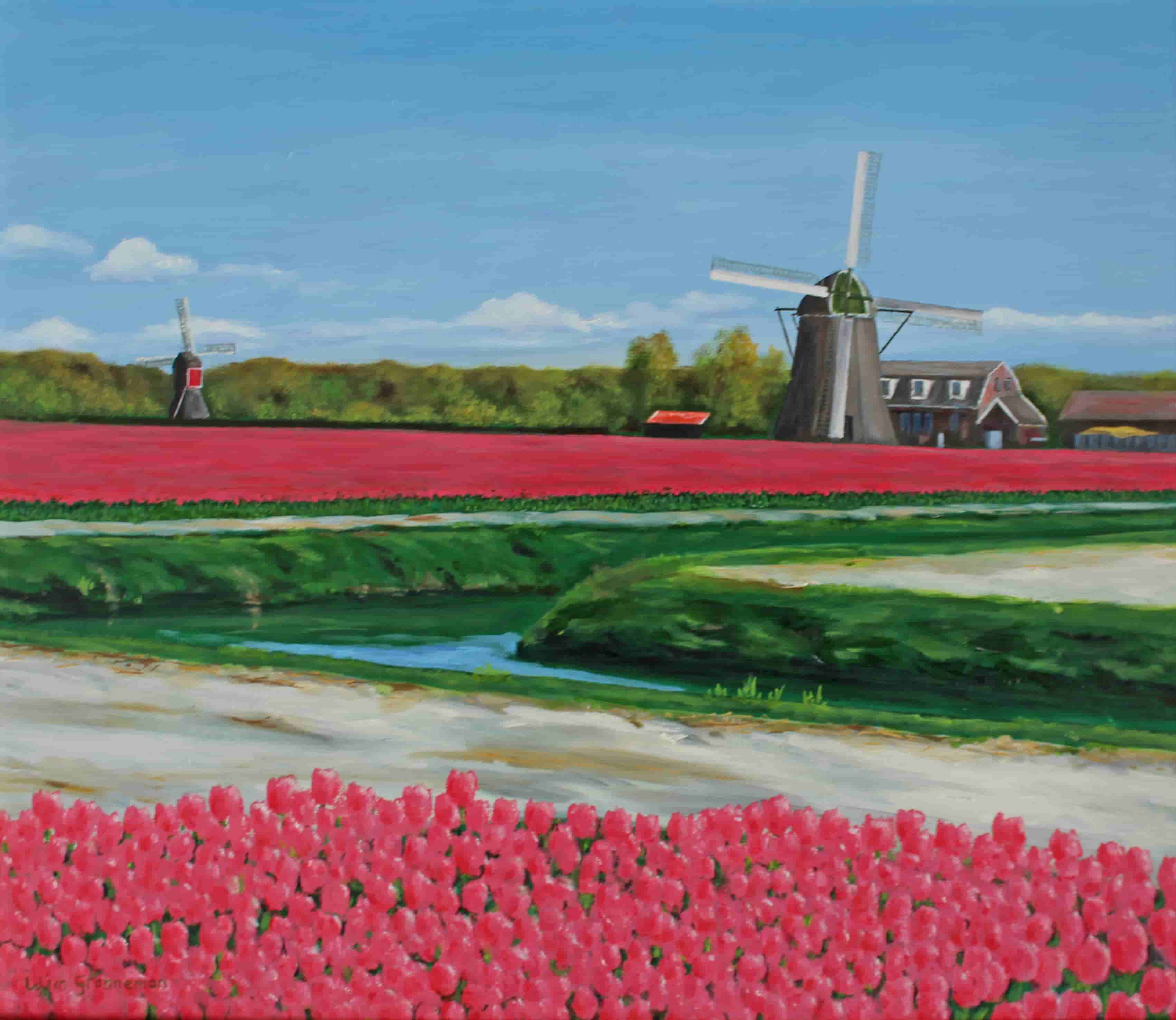 Wim Granneman - Bollenvelden met tulpen en poldermolens nabij de grens van Noordwijkerhout en Lisse (zonder lijst)