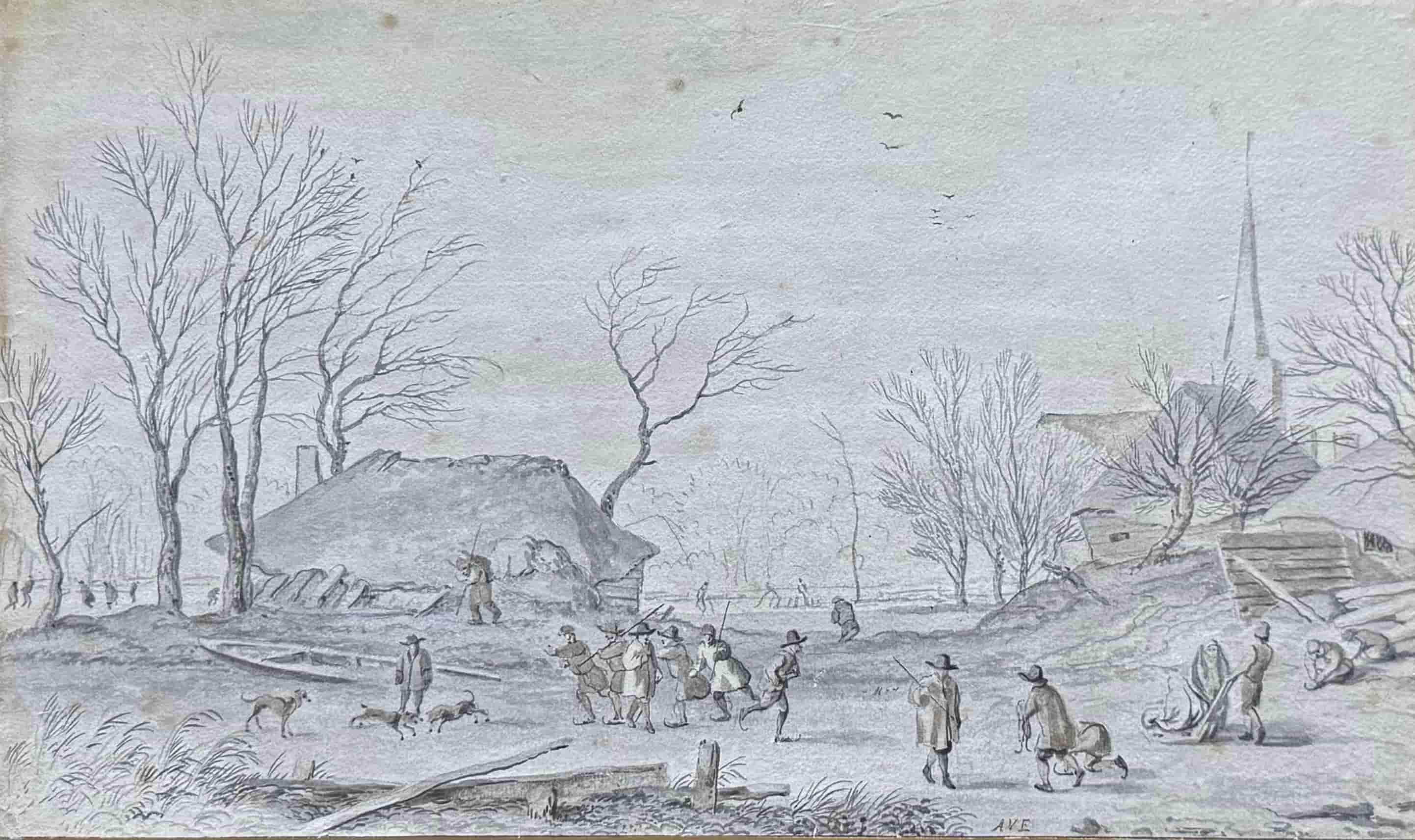 Allaert van Everdingen - Village in winter with many skaters on ice (zonder lijst)