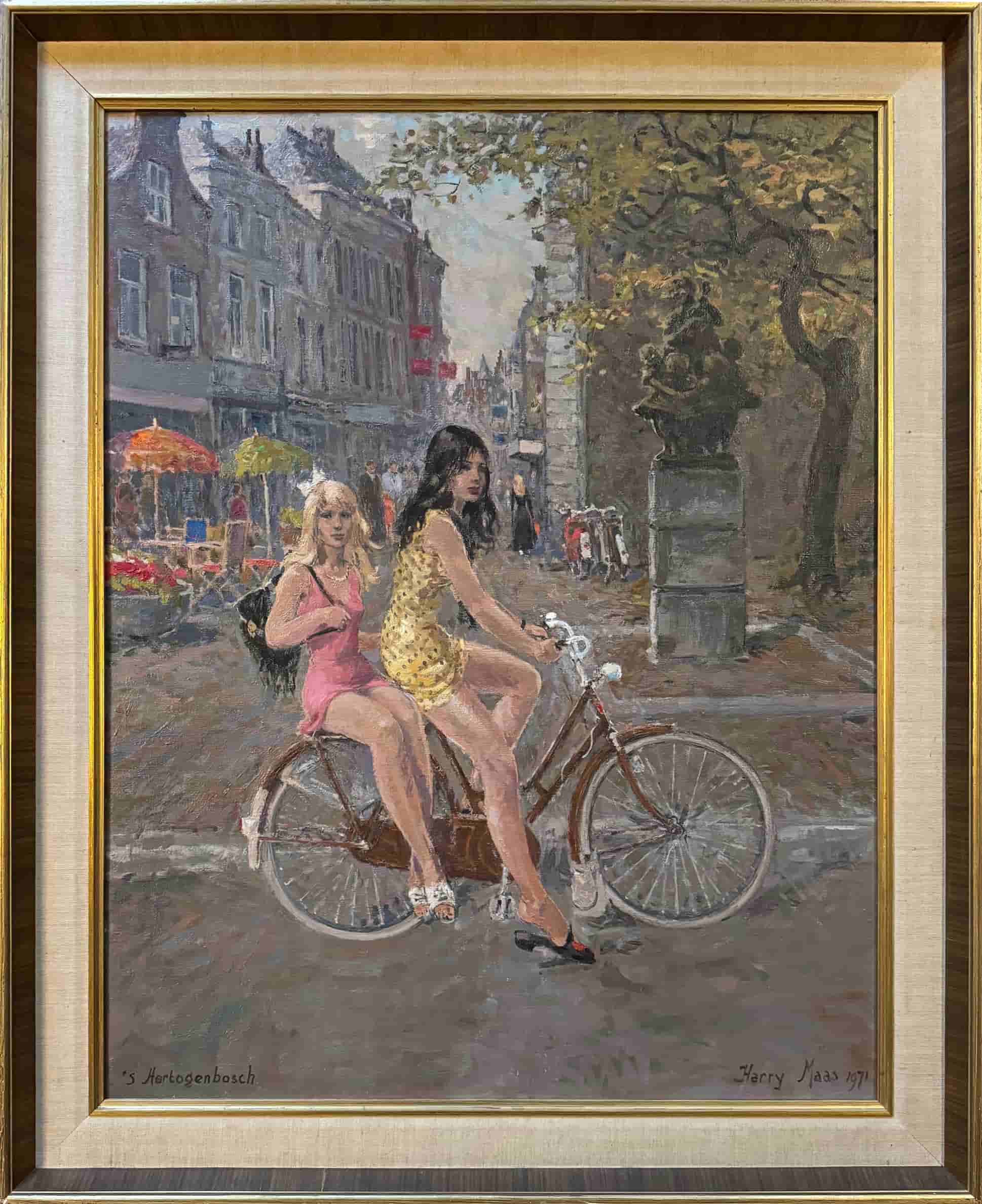 Harry Maas - Twee meisjes op de fiets (kerkpleintje Den Bosch) (met lijst)
