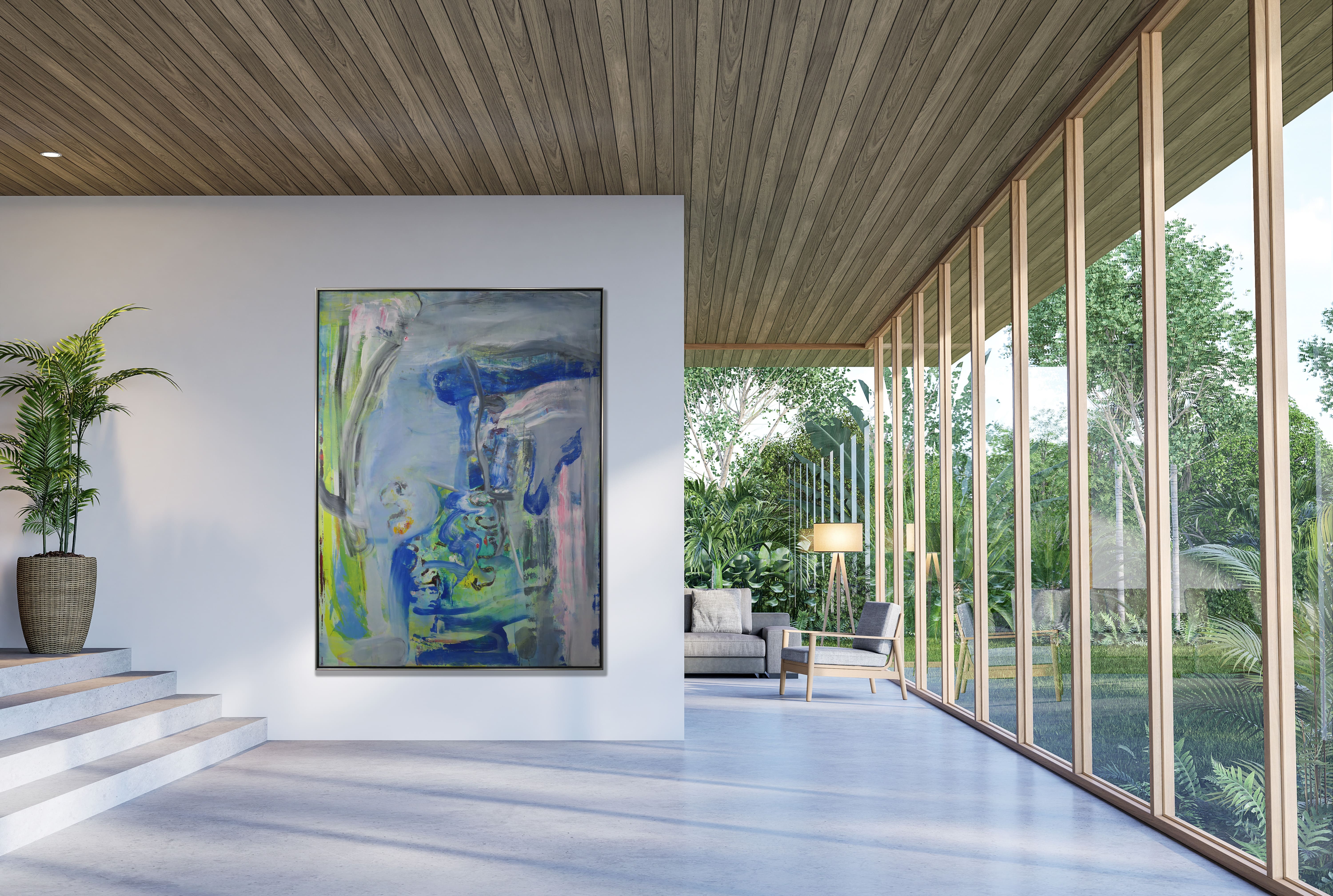Abstracte compositie in geel en blauw zonder lijst