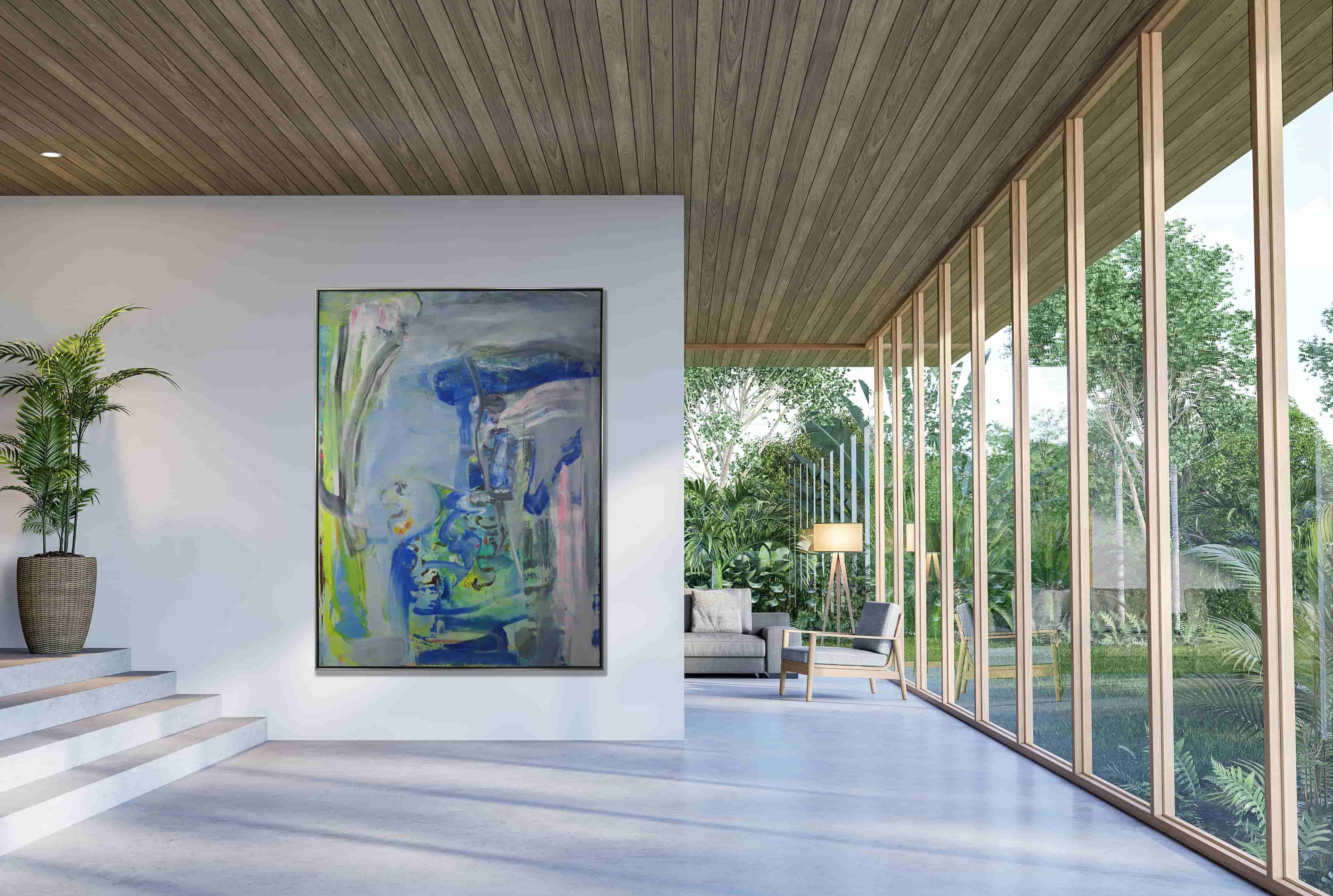 Eric de Nie - Abstracte compositie in geel en blauw (in interieur)