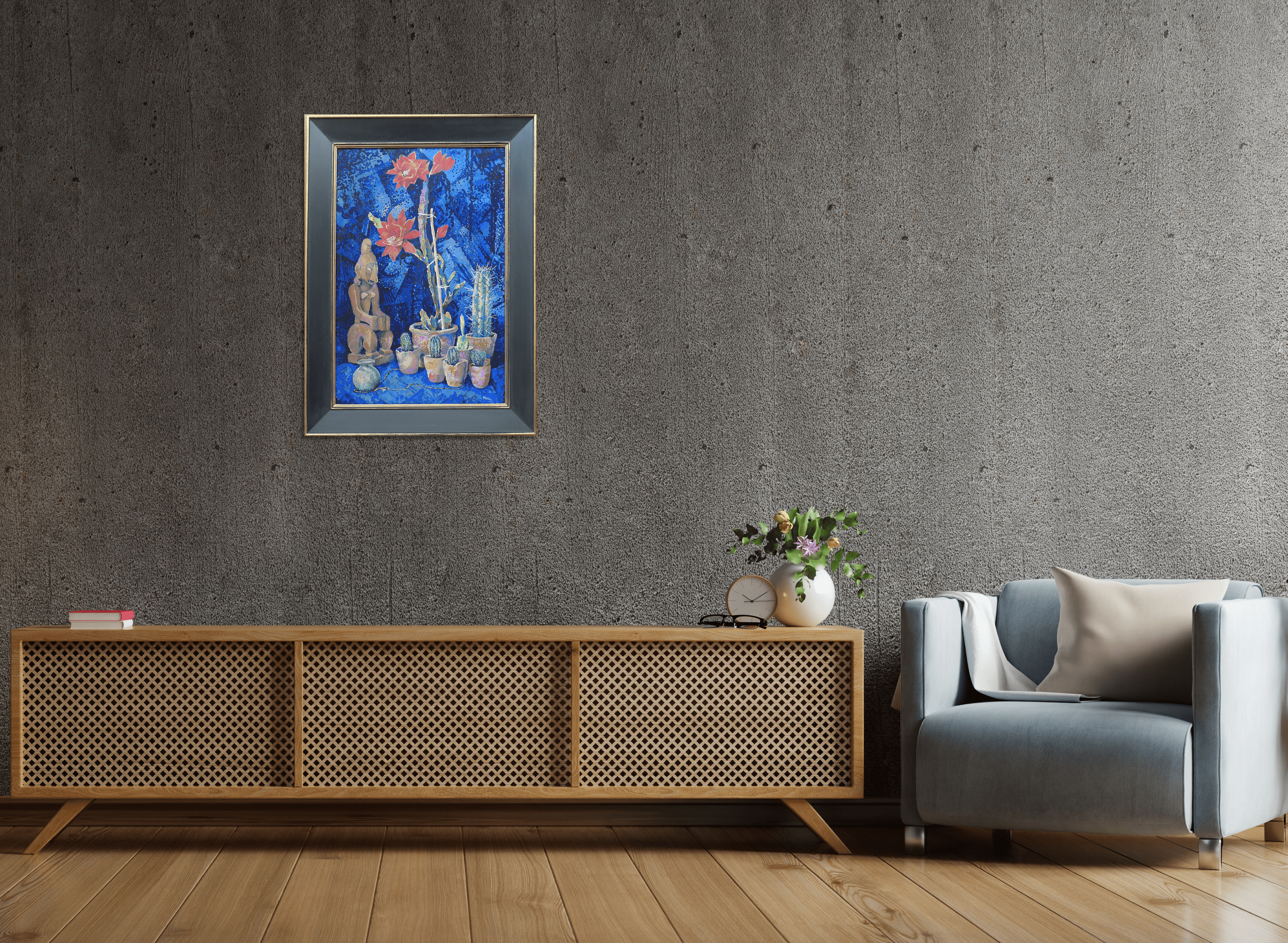 Stilleven met cactussen en voorouderbeeld zonder lijst