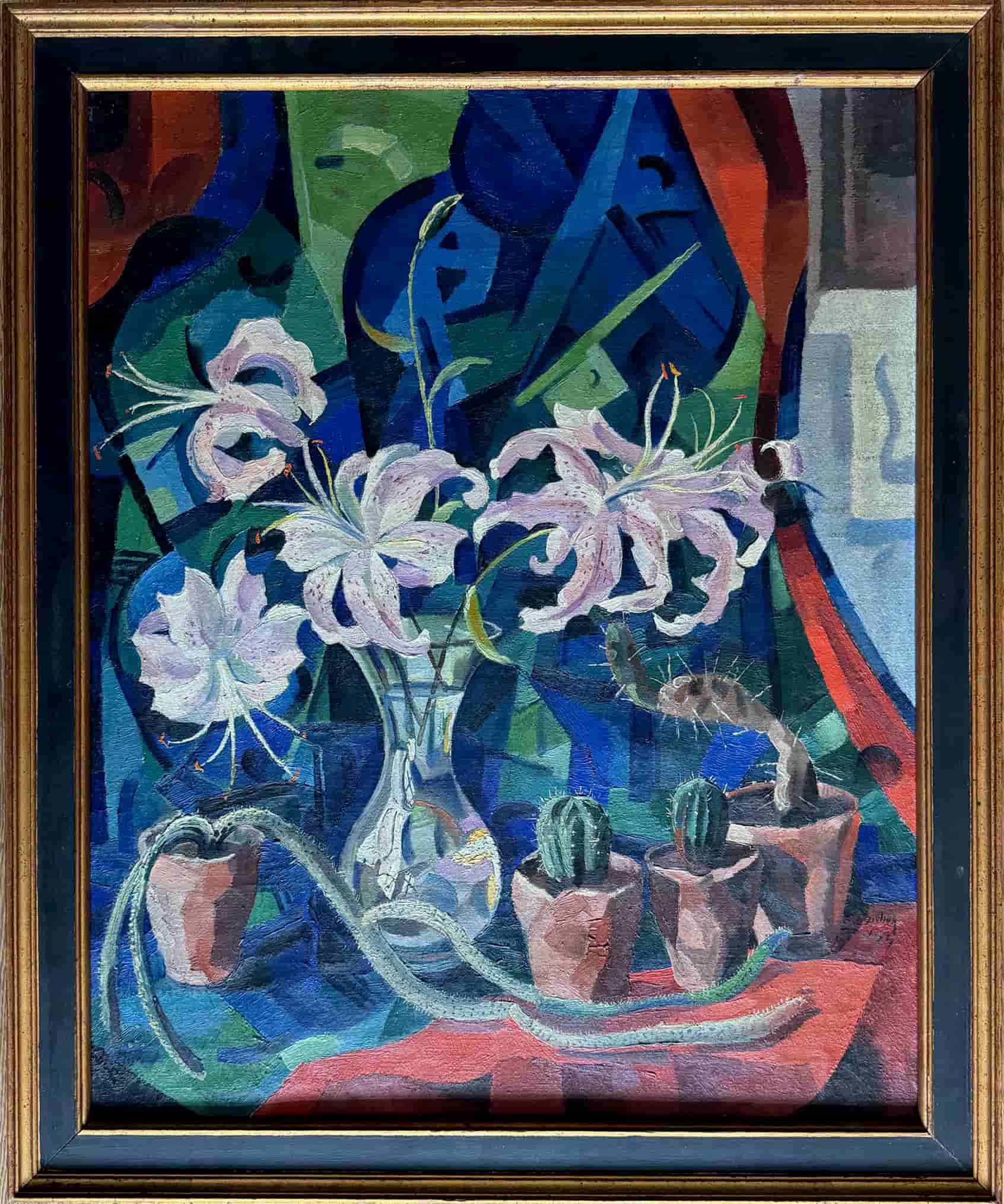 Herman Bieling - Bloemstilleven met lelies en cactussen (met lijst)