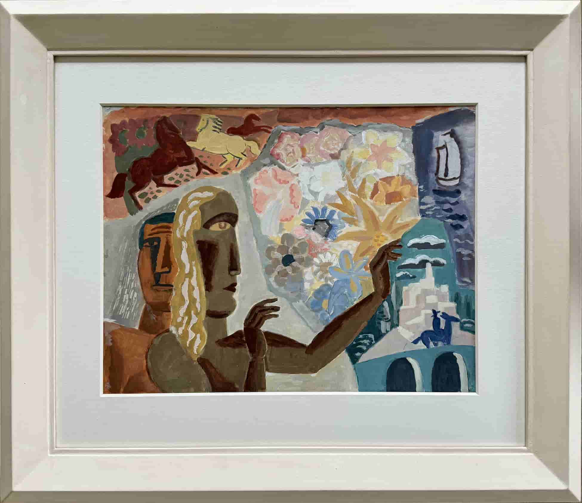 Leo Gestel - Decoratieve compositie met twee koppen (met lijst)