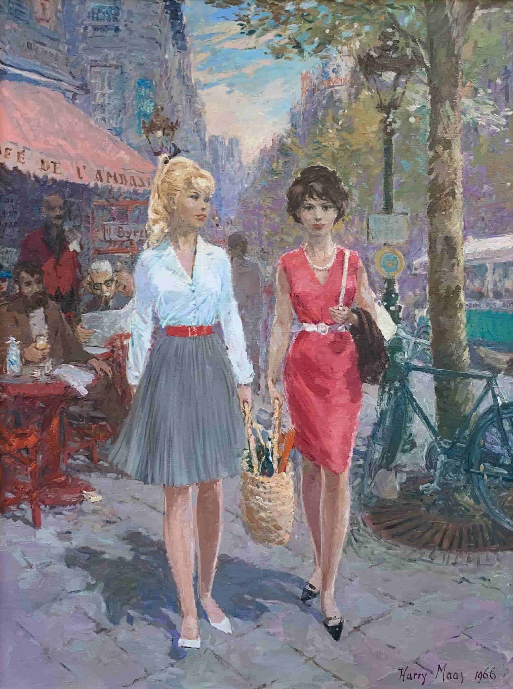 Harry Maas - Twee meisjes flaneren in Parijs (zonder lijst)