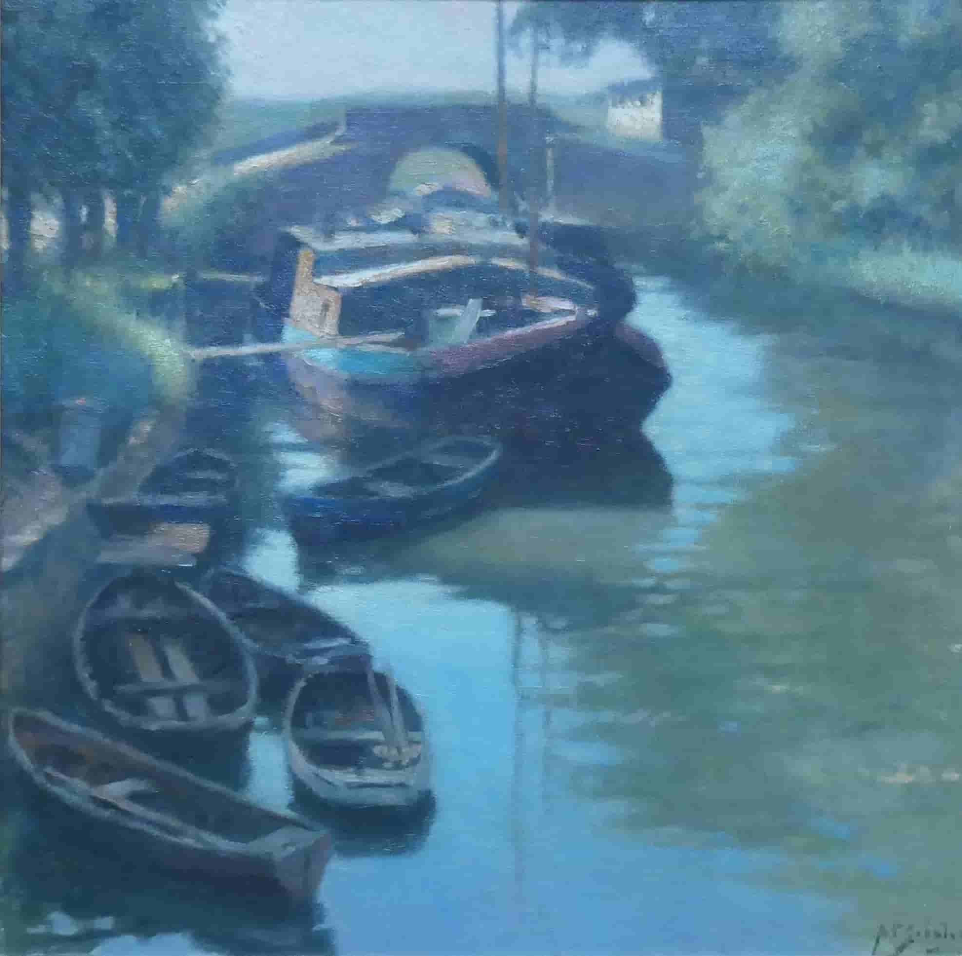 Anthony Pieter Schotel - Bootjes in de Vecht bij Muiden (zonder lijst)