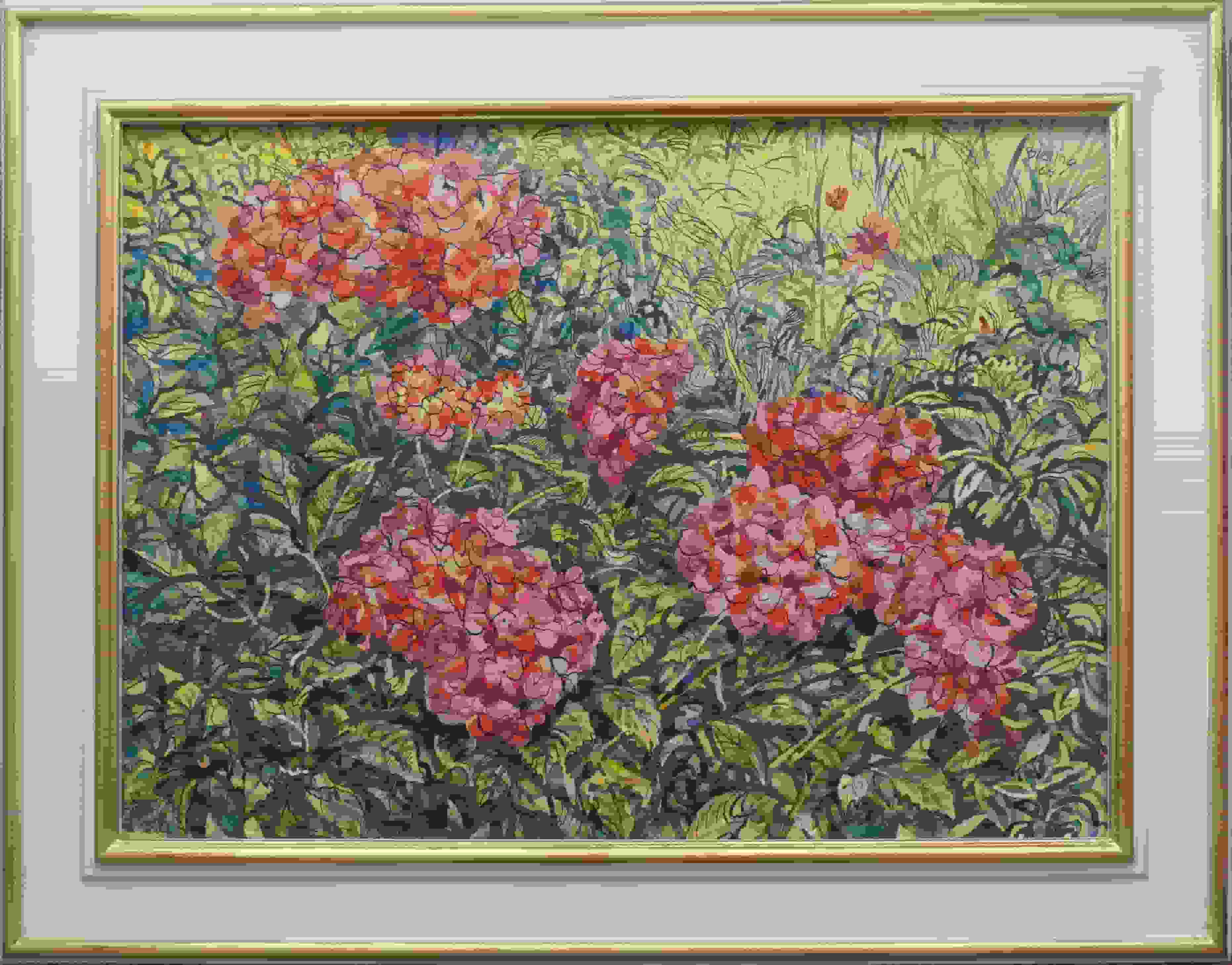 Herman Bieling - Tuin met hortensia (met lijst)