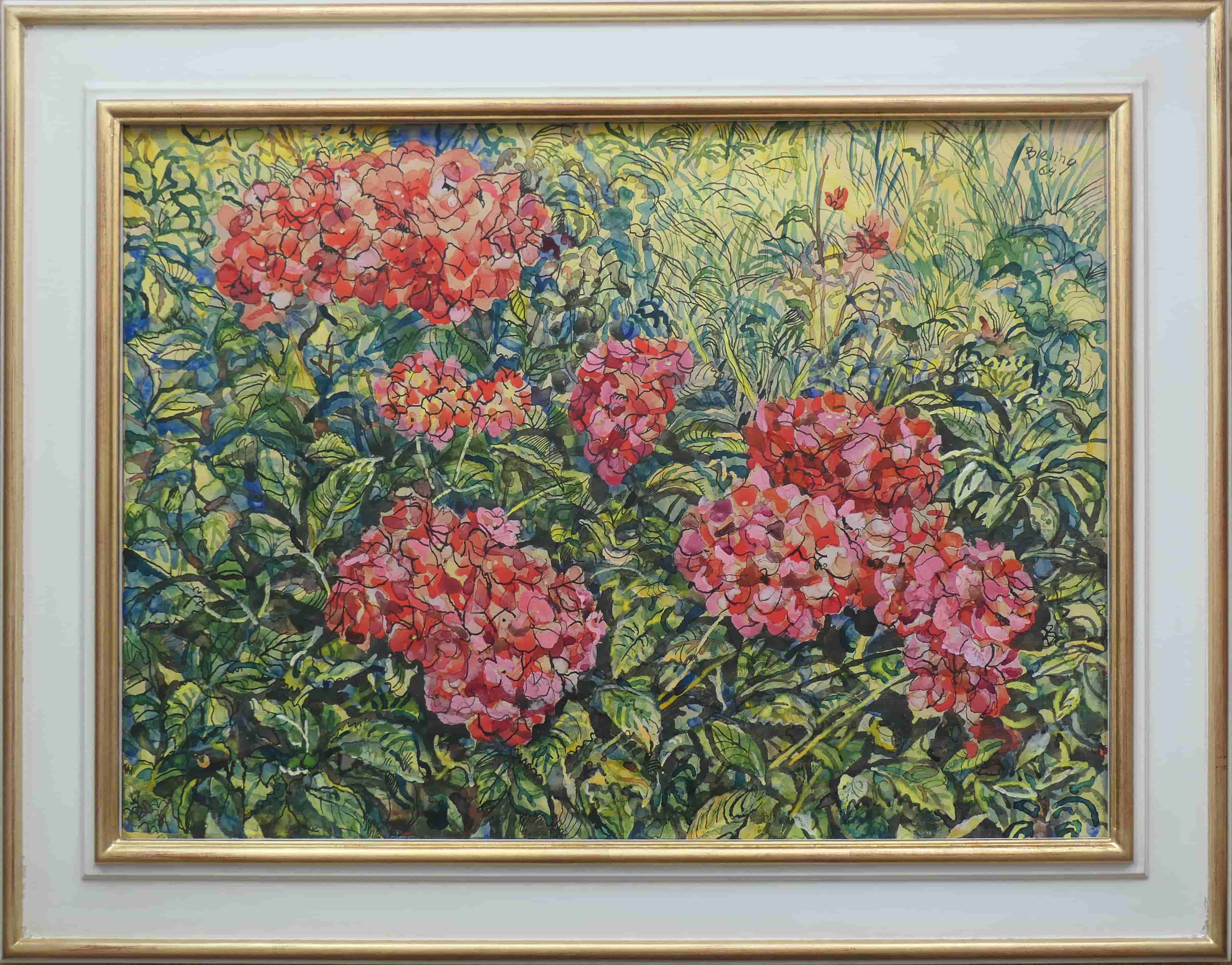 Herman Bieling - Tuin met hortensia (met lijst)