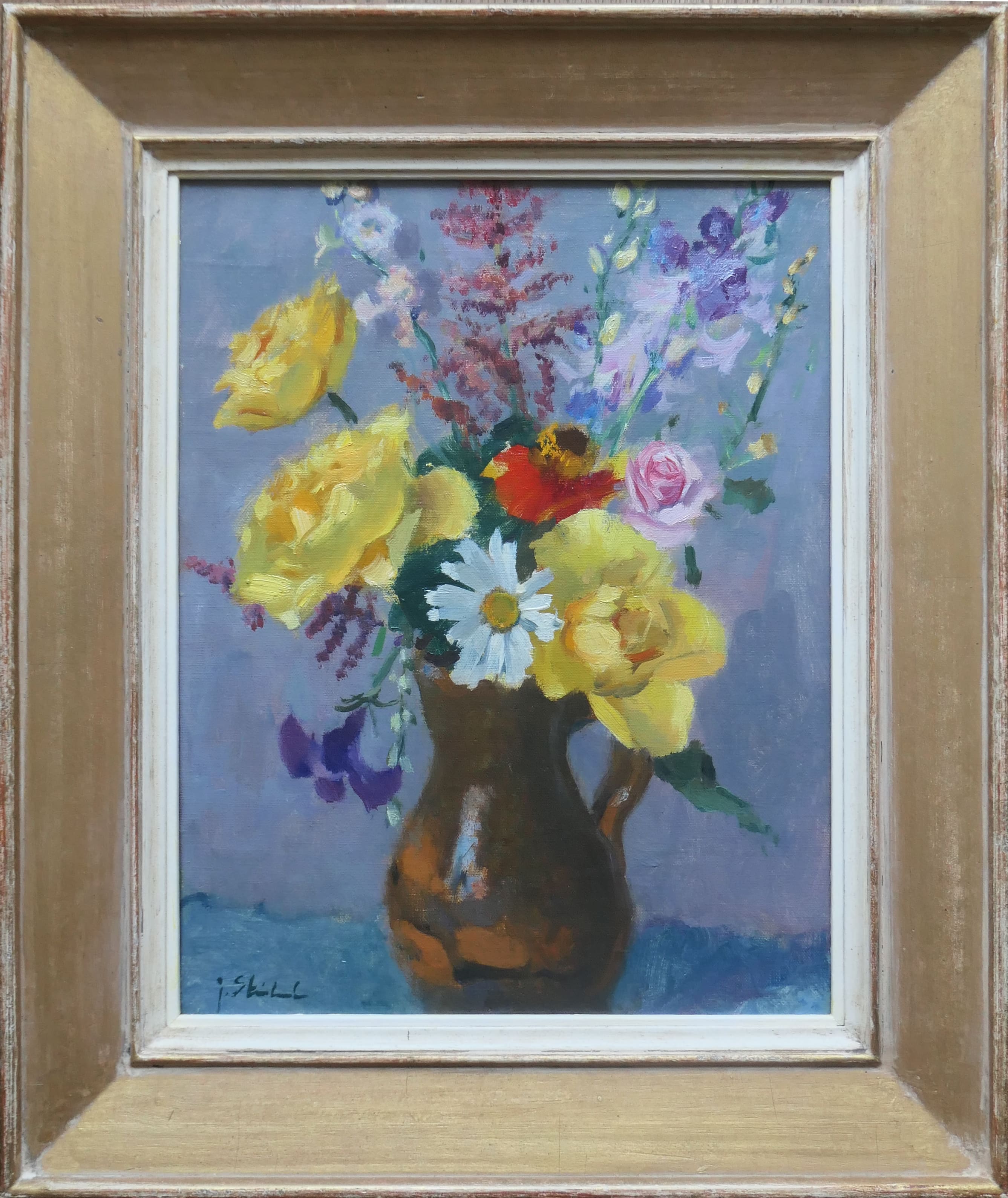 Bloemstilleven met rozen en een madeliefje zonder lijst