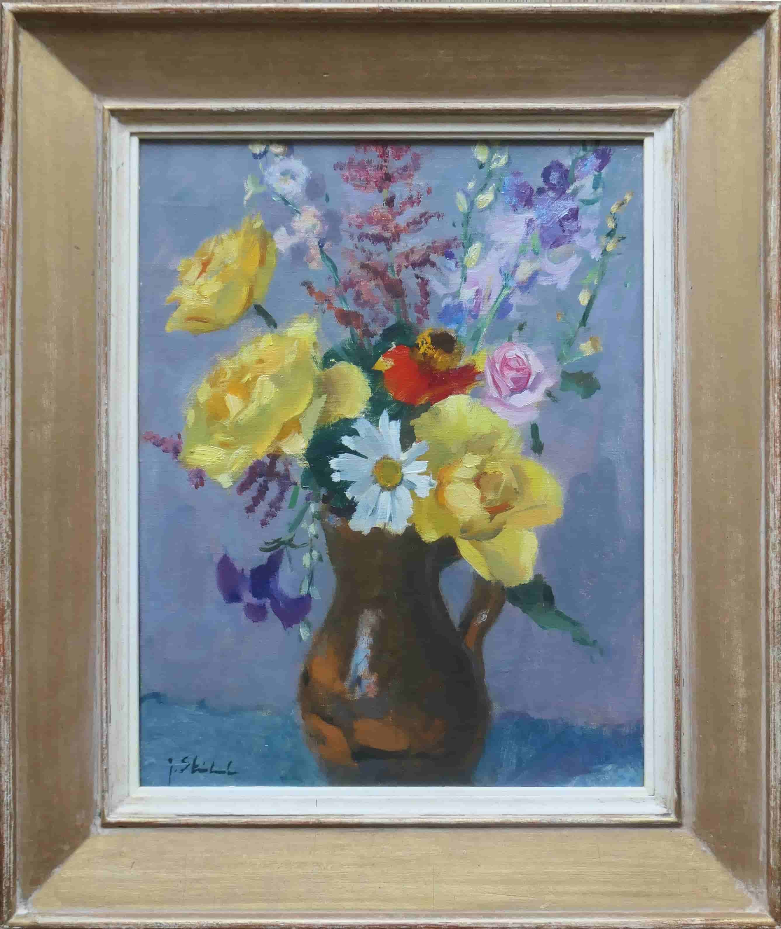 Joop Stierhout - Bloemstilleven met rozen en een madeliefje (met lijst)