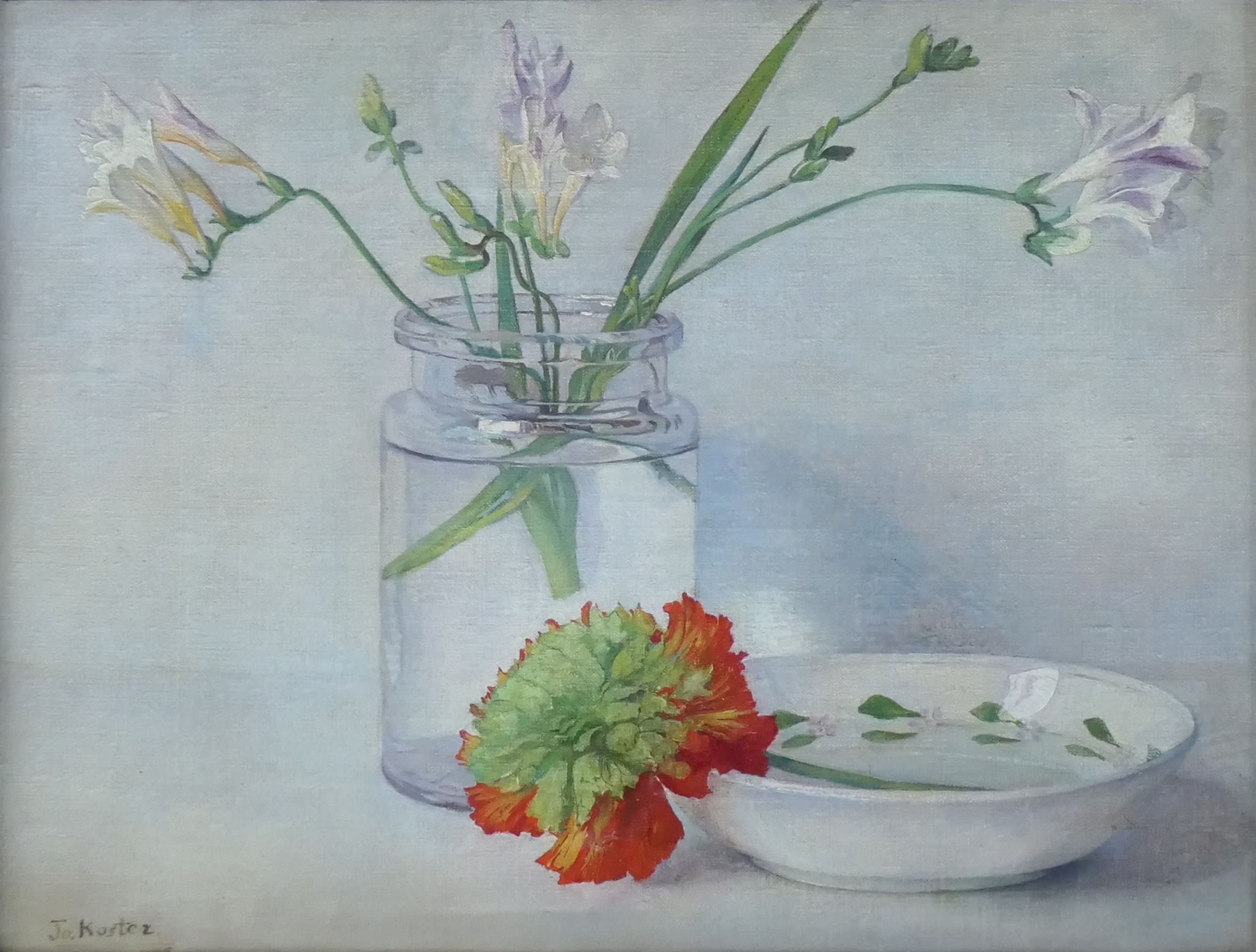 Stilleven met witte fresia's en anjer zonder lijst