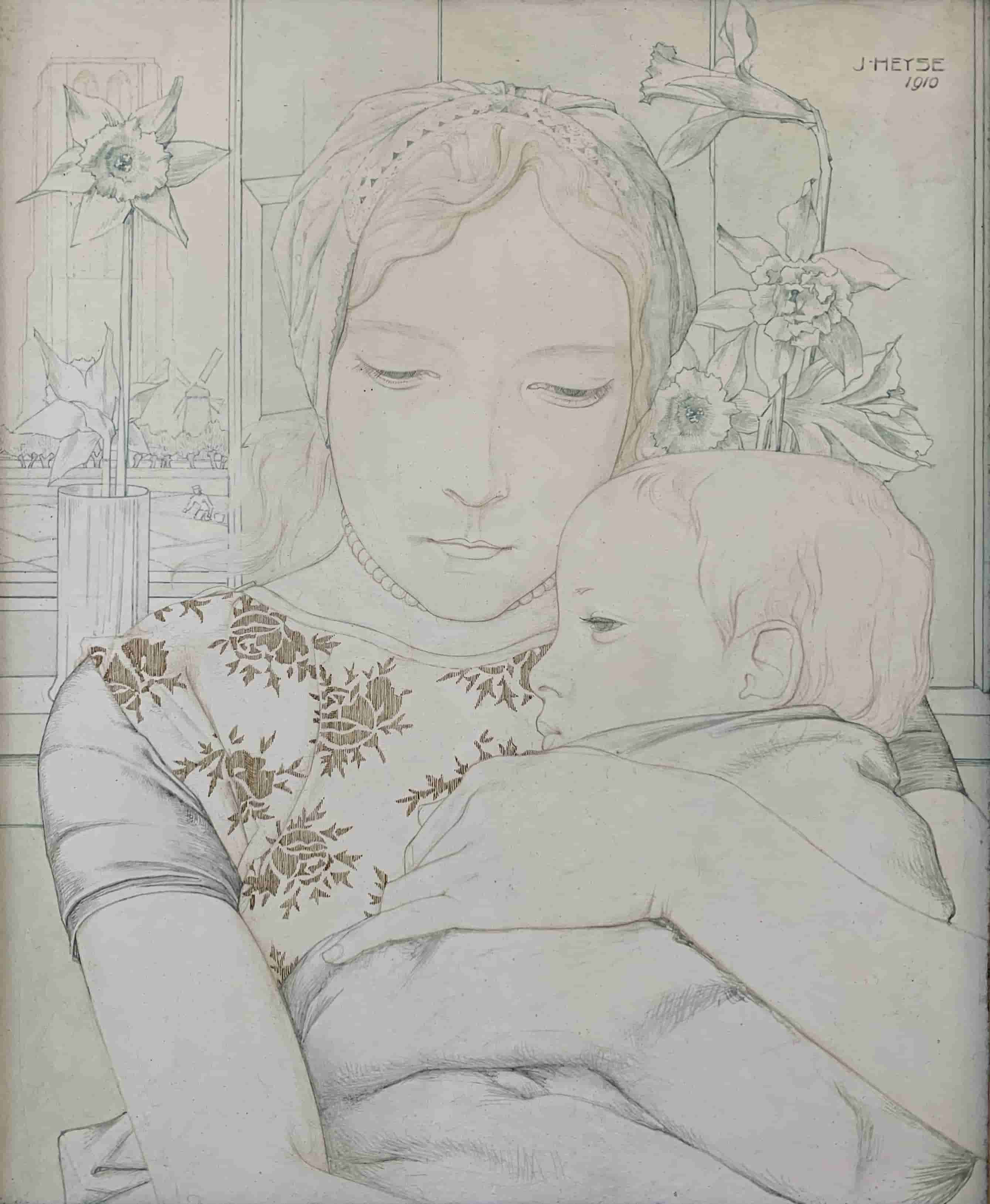 Jan Heyse - Zeeuwse Madonna met kind, met St Lievensmonstertoren van Zierikzee