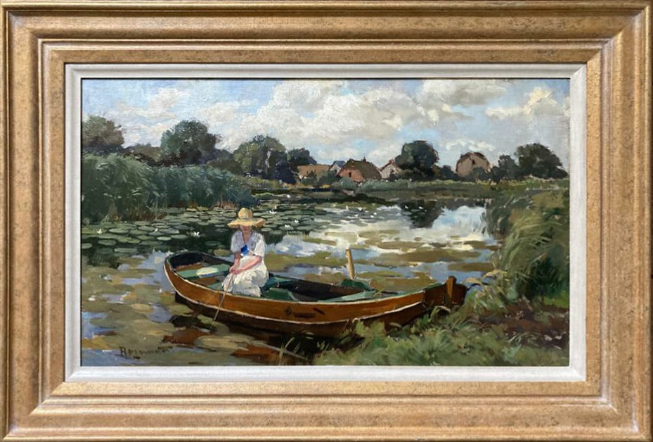 Bootje met vissende jongedame zonder lijst