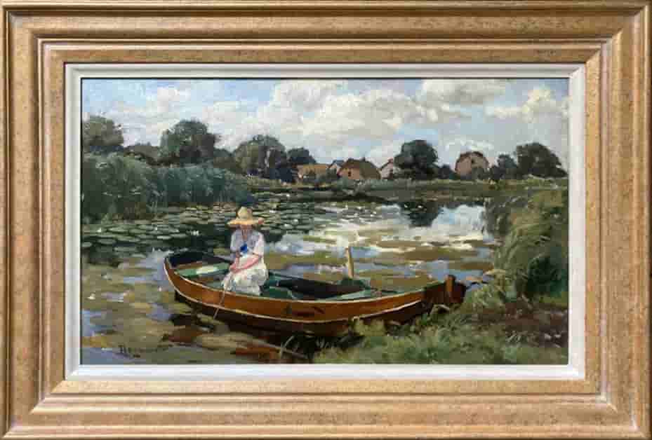 Alex Rosemeier - Bootje met vissende jongedame (met lijst)