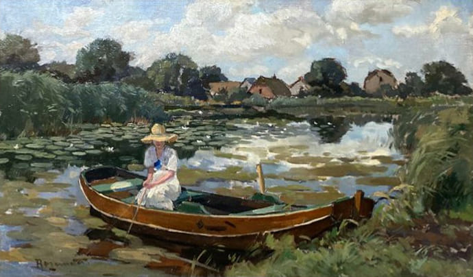 Bootje met vissende jongedame zonder lijst