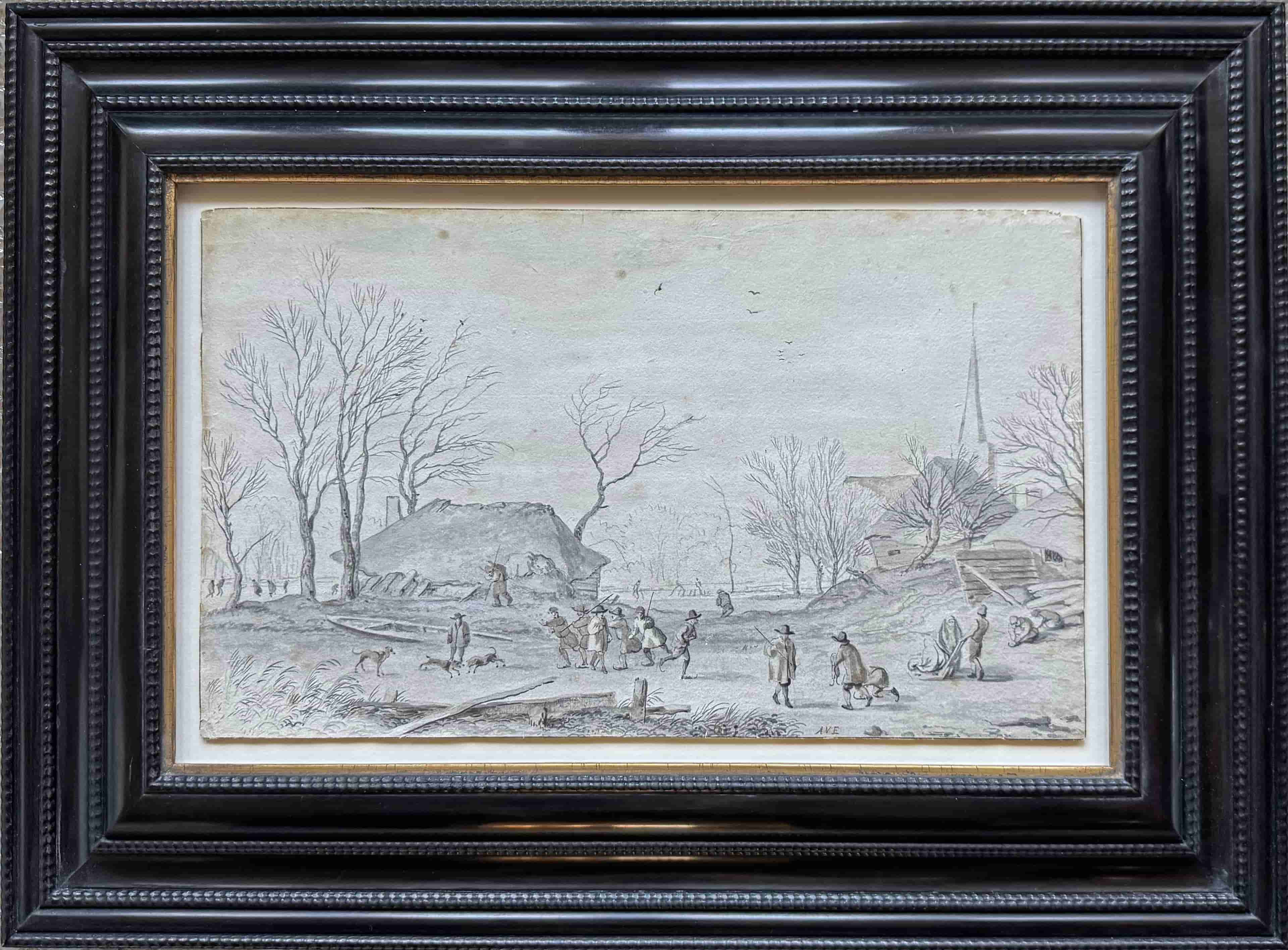 Allaert van Everdingen - Village in winter with many skaters on ice (met lijst)