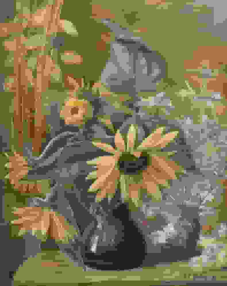 Zonnebloemen en distels in vintage vaas, 1928