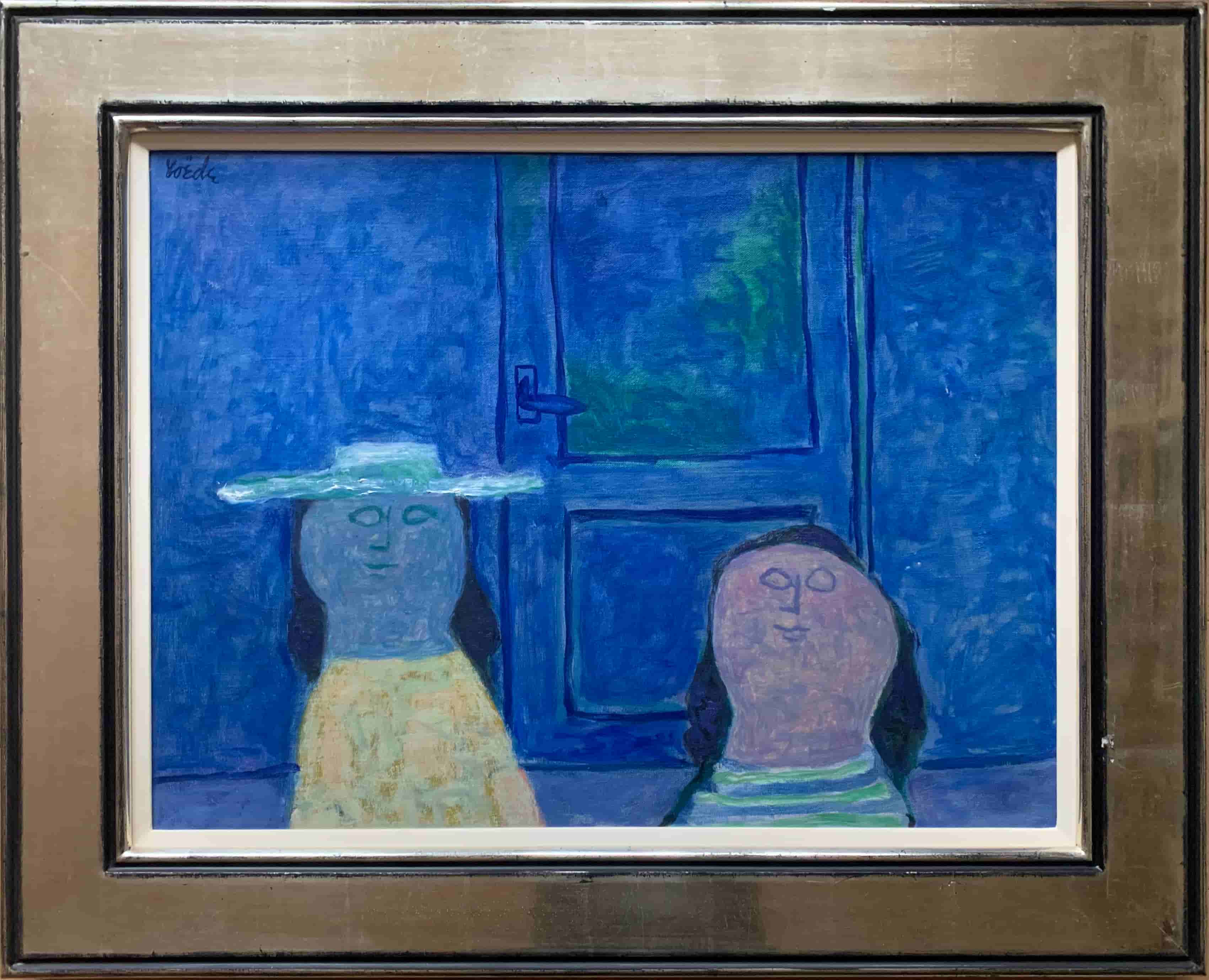 Jan Roëde - Twee figuren voor een blauwe deur (met lijst)