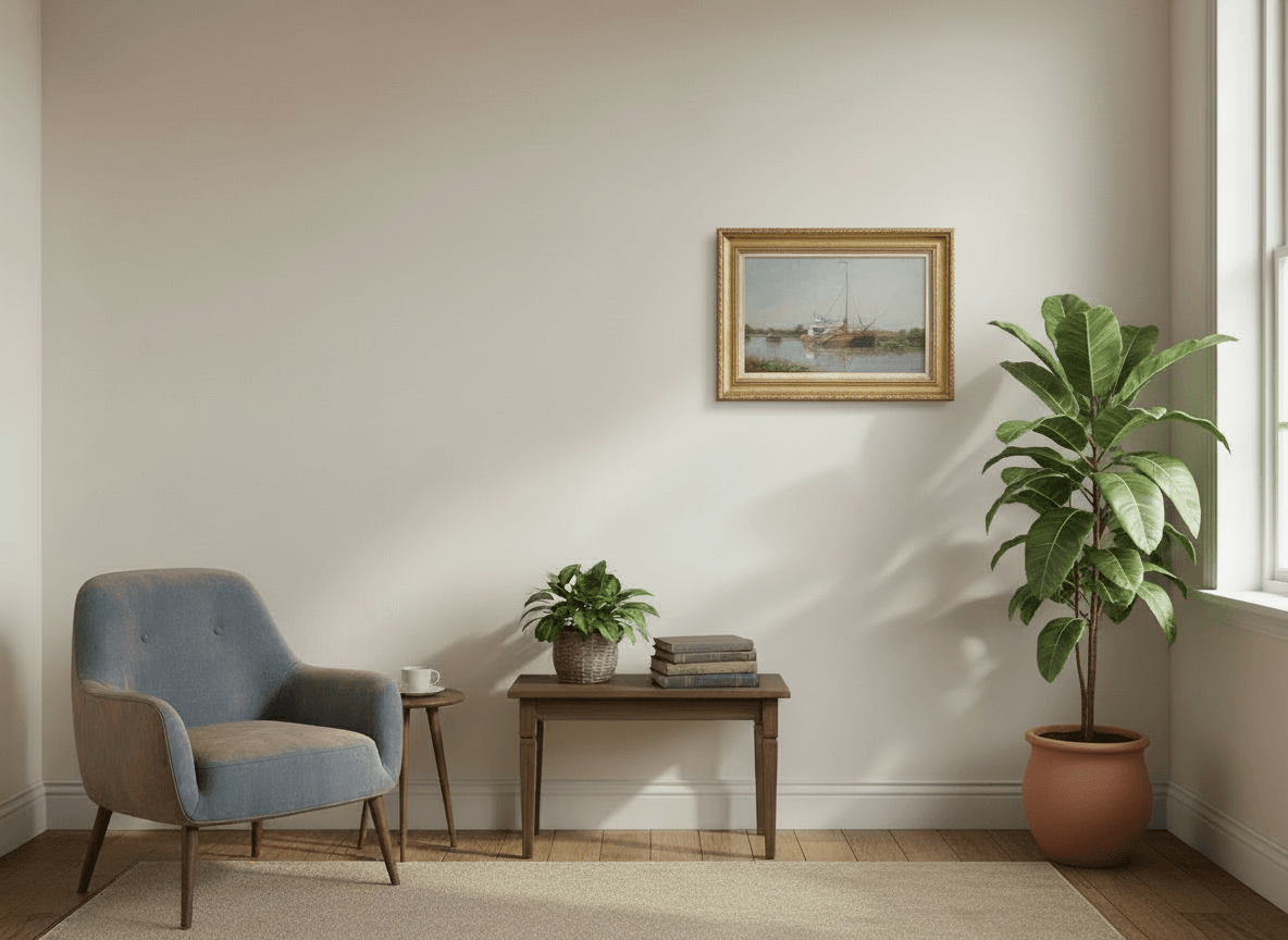 Tjalk die voor anker ligt zonder lijst